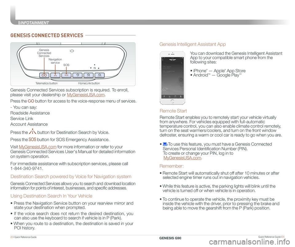 GENESIS G90 2021 Quick Reference Guide Quick Reference Guide I 2423 I Quick Reference Guide
HomeLink button
Genesis Connected Services
SOS
Navigation service
Telematics button
GENESIS CONNECTED SERVICES
Genesis Connected Services subscri GENESIS G90 2021 Quick Reference Guide Quick Reference Guide I 2423 I Quick Reference Guide
HomeLink button
Genesis Connected Services
SOS
Navigation service
Telematics button
GENESIS CONNECTED SERVICES
Genesis Connected Services subscri