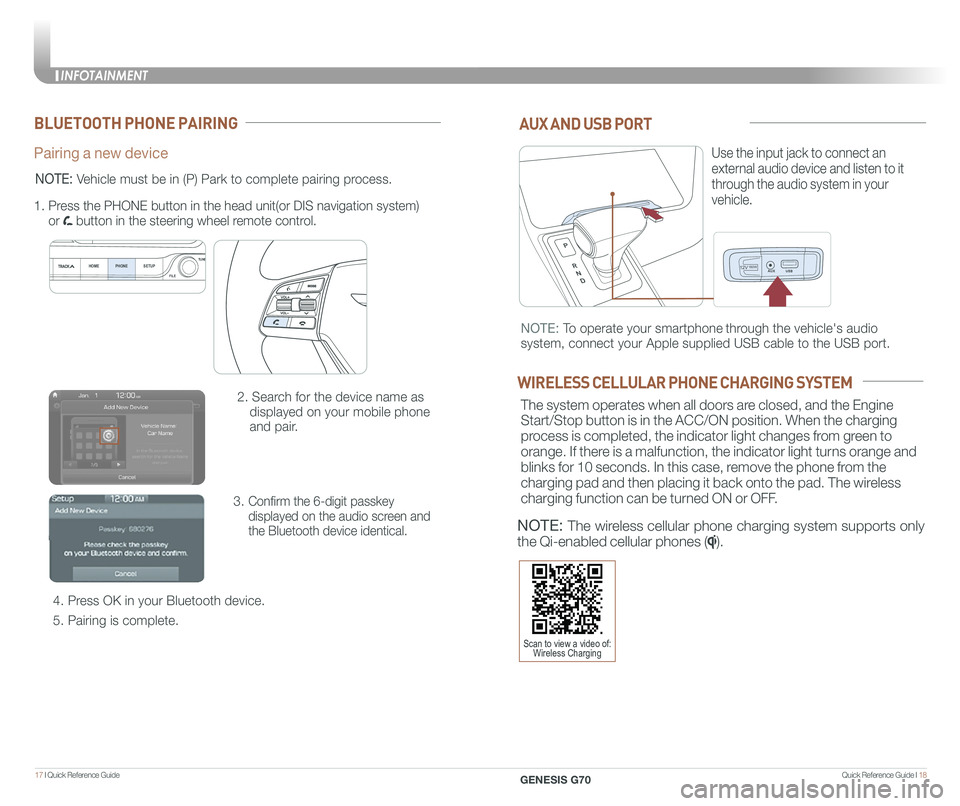 GENESIS G70 2020  Quick Reference Guide Quick Reference Guide I 1817 I Quick Reference Guide  
12V180W
AUX AND USB PORT
Use the input jack to connect an 
external audio device and listen to it 
through the audio system in your 
vehicle.
12V
