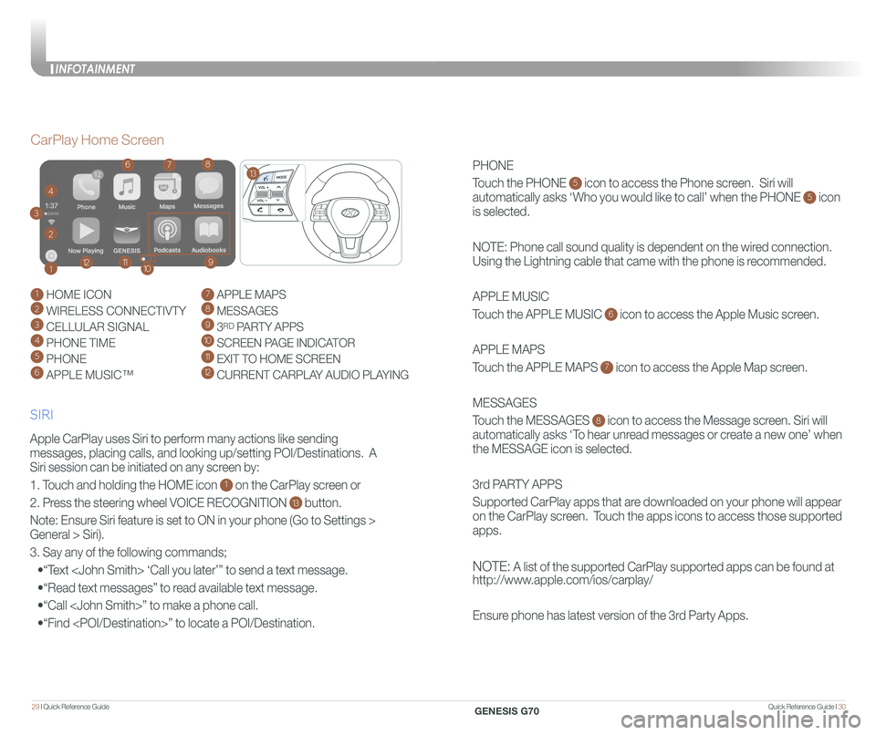GENESIS G70 2020  Quick Reference Guide Quick Reference Guide I 3029 I Quick Reference Guide  
PHONE
Touch the PHONE 5 icon to access the Phone screen.  Siri will 
automatically asks ‘Who you would like to call’ when the PHONE 5 icon 
i