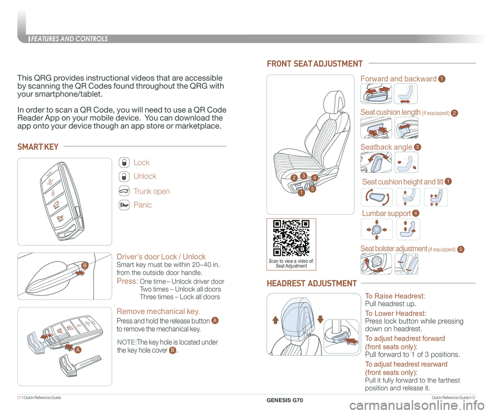 GENESIS G70 2020  Quick Reference Guide Quick Reference Guide I 0201 I Quick Reference Guide  
Driver’s door Lock / Unlock
Smart key must be within 20~40 in. 
from the outside door handle.
Press:  
One time – Unlock driver door 
Two tim