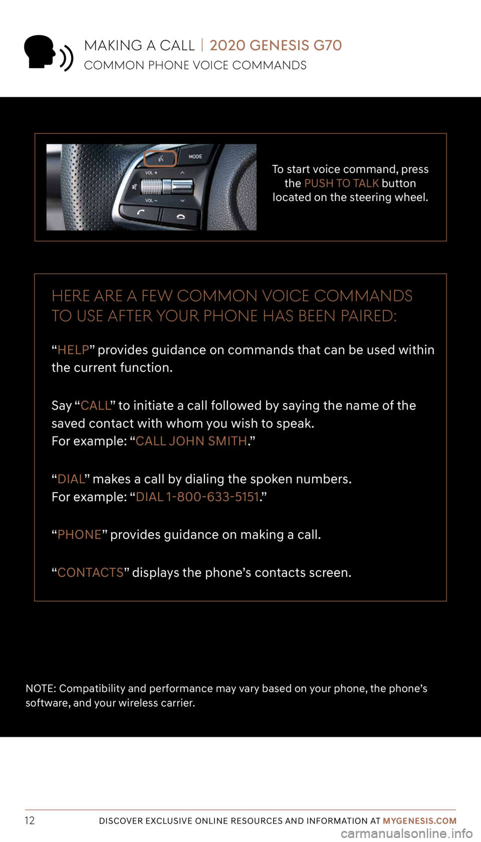 GENESIS G70 2020 Getting Started Guide Tier 1 – VDS Icons
Voice
Activation Bluetooth
TPMSBatter\f Window
\befog 1 Window
\befog 2
App ClockSteering
Adjustments Light
Gear
Seat
Adjusting Air
Media 1 Fuel
Automatic
Transmission Manual
Tra GENESIS G70 2020 Getting Started Guide Tier 1 – VDS Icons
Voice
Activation Bluetooth
TPMSBatter\f Window
\befog 1 Window
\befog 2
App ClockSteering
Adjustments Light
Gear
Seat
Adjusting Air
Media 1 Fuel
Automatic
Transmission Manual
Tra