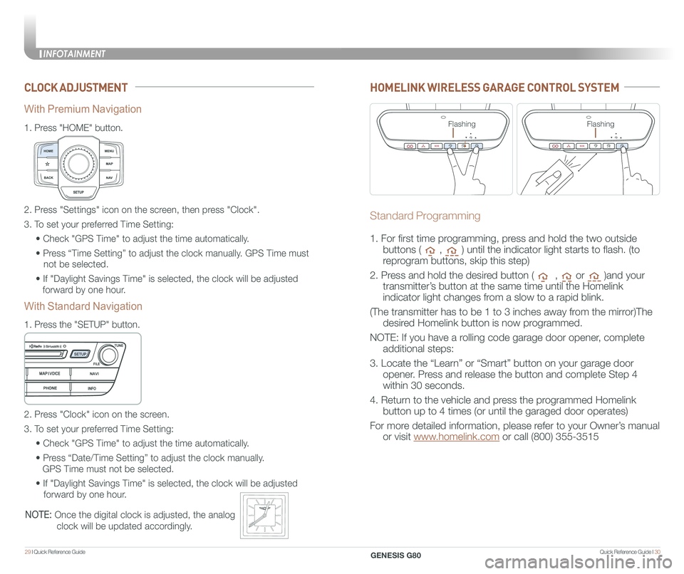 GENESIS G80 2020  Quick Reference Guide Quick Reference Guide I 3029 I Quick Reference Guide  
CLOCK ADJUSTMENT
1.  
Press "HOME" button.
1.  
Press the "SETUP" button.
2. Press "Settings" icon on the screen, then pr