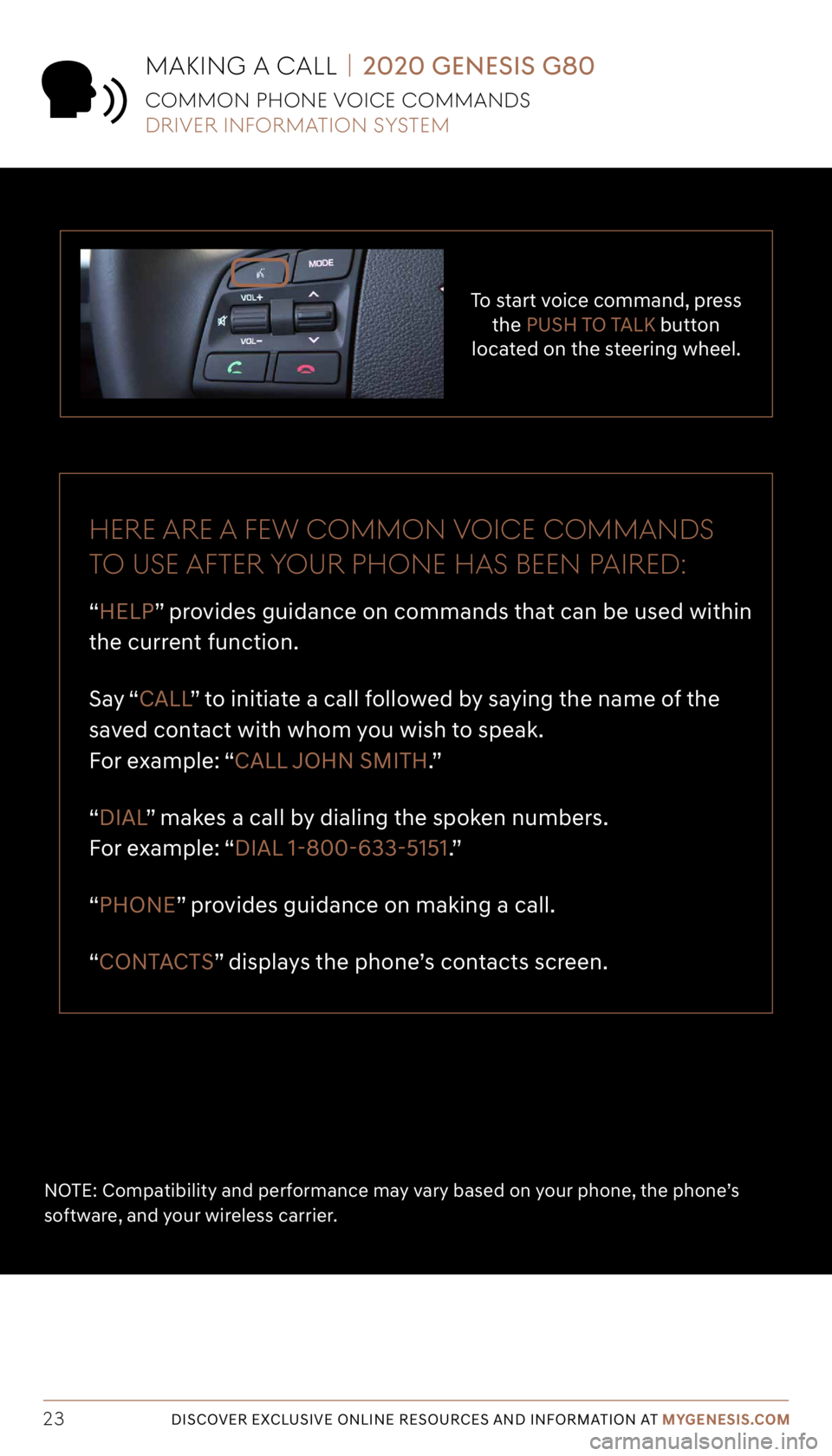 GENESIS G80 SPORT 2020 Getting Started Guide Tier 1 – VDS Icons
Voice
Activation Bluetooth
TPMSBatter\f Window
\befog 1 Window
\befog 2
App ClockSteering
Adjustments Light
Gear
Seat
Adjusting Air
Media 1 Fuel
Automatic
Transmission Manual
Tra GENESIS G80 SPORT 2020 Getting Started Guide Tier 1 – VDS Icons
Voice
Activation Bluetooth
TPMSBatter\f Window
\befog 1 Window
\befog 2
App ClockSteering
Adjustments Light
Gear
Seat
Adjusting Air
Media 1 Fuel
Automatic
Transmission Manual
Tra