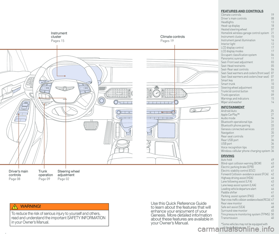 GENESIS G90 2020 Quick Reference Guide 126 3
9
AIRBAG
GENESIS12
6 3
9
AIRBAG
GENESIS
Steering wheel adjustment
Page 02
Climate controls
Pages 19
Instrument cluster
Pages 15
Use this Quick Reference Guide to learn about the features that wi GENESIS G90 2020 Quick Reference Guide 126 3
9
AIRBAG
GENESIS12
6 3
9
AIRBAG
GENESIS
Steering wheel adjustment
Page 02
Climate controls
Pages 19
Instrument cluster
Pages 15
Use this Quick Reference Guide to learn about the features that wi