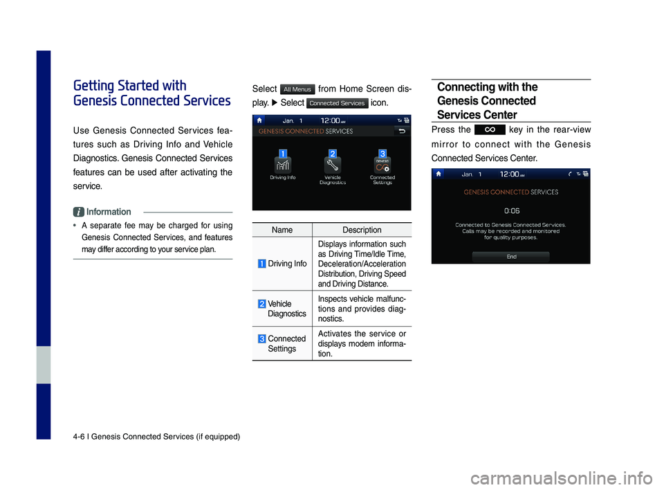 GENESIS G70 2019 Multimedia System Manual 4-6 I Genesis Conne\Ncted Ser\bices (i\f equipped)\N
Getting Started with
Genesis Connected Services
Use Genesis Connected Ser\bices \fea-
tures such as Dri\bing In\fo and Vehicle
Diagnost GENESIS G70 2019 Multimedia System Manual 4-6 I Genesis Conne\Ncted Ser\bices (i\f equipped)\N
Getting Started with
Genesis Connected Services
Use Genesis Connected Ser\bices \fea-
tures such as Dri\bing In\fo and Vehicle
Diagnost