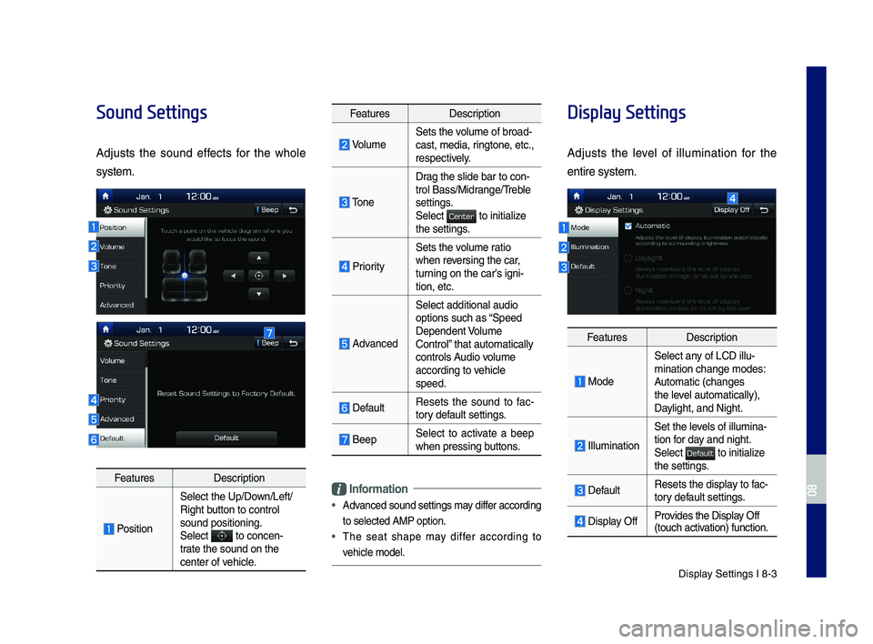 GENESIS G70 2019 Multimedia System Manual Display Settings I 8-3
Sound Settings
Adjusts the sound effects for the whole
system.
FeaturesDescription
Position
Select the Up/Down/Left/Right button to control sound positioning.\ySelect t GENESIS G70 2019 Multimedia System Manual Display Settings I 8-3
Sound Settings
Adjusts the sound effects for the whole
system.
FeaturesDescription
Position
Select the Up/Down/Left/Right button to control sound positioning.\ySelect t