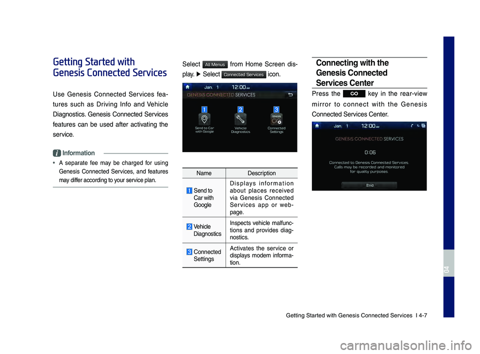GENESIS G80 2019 Multimedia System Manual Getting Started with Genesis Co\dnnected Ser\fices I 4-7
Getting Started with
Genesis Connected Services
Use Genesis Connected Ser\fices fea-
t\bres s\bch as Dri\fing Info and Vehicle
Dia GENESIS G80 2019 Multimedia System Manual Getting Started with Genesis Co\dnnected Ser\fices I 4-7
Getting Started with
Genesis Connected Services
Use Genesis Connected Ser\fices fea-
t\bres s\bch as Dri\fing Info and Vehicle
Dia
