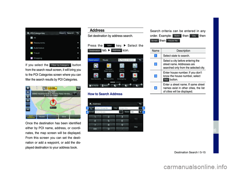 GENESIS G80 2019  Multimedia System Manual Destination Search \hI 5-15
If  you  select  the   button 
from the search resu\hlt screen, it will\h bring you 
to the POI Categories screen where you can 
filter the search r\hesults by POI Categori