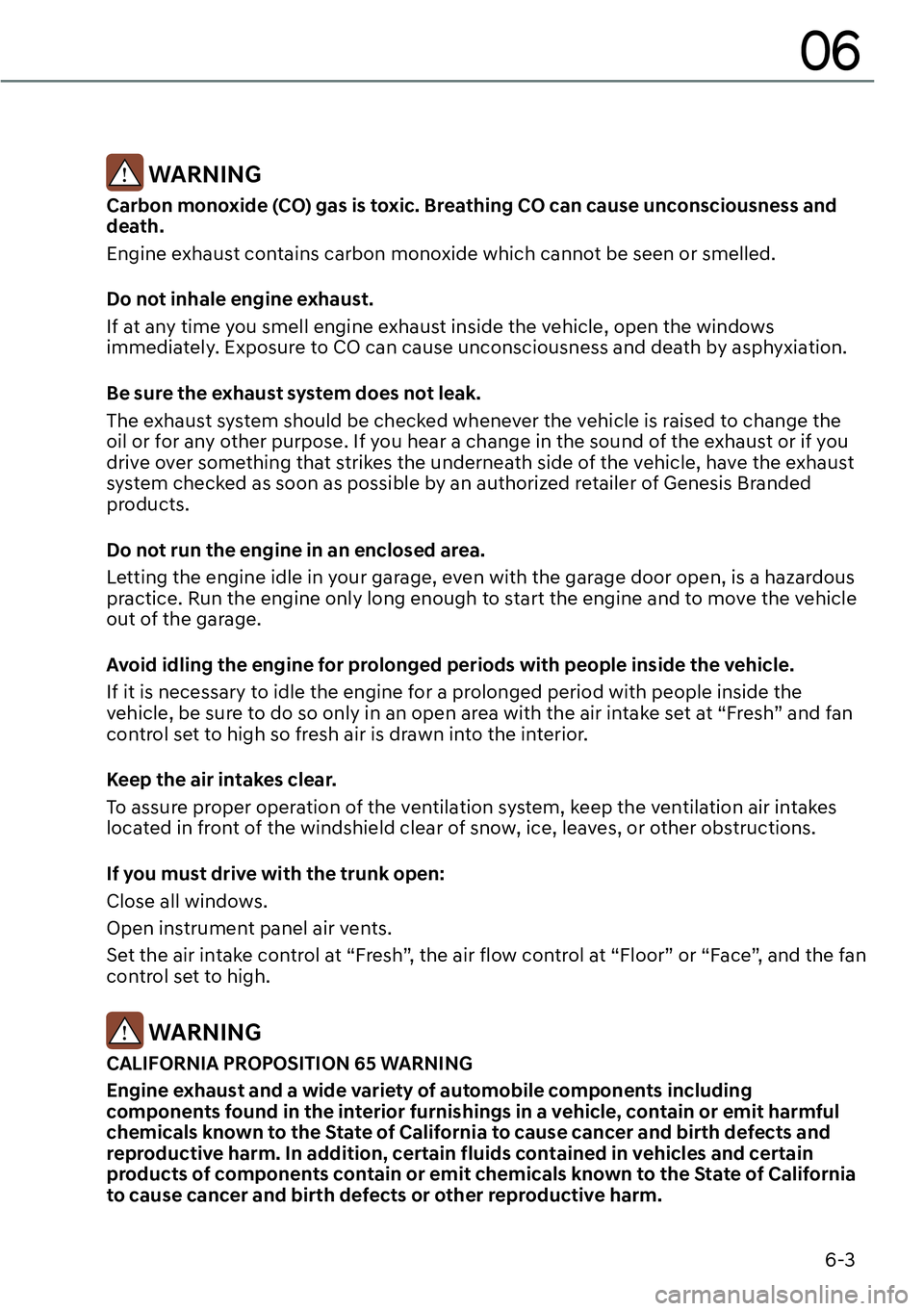 GENESIS G90 2023  Owners Manual 6-3
06
 WARNING
Carbon monoxide (CO) gas is toxic. Breathing CO can cause unconsciousness and 
death.
Engine exhaust contains carbon monoxide which cannot be seen or smelled.
Do not inhale engine exha