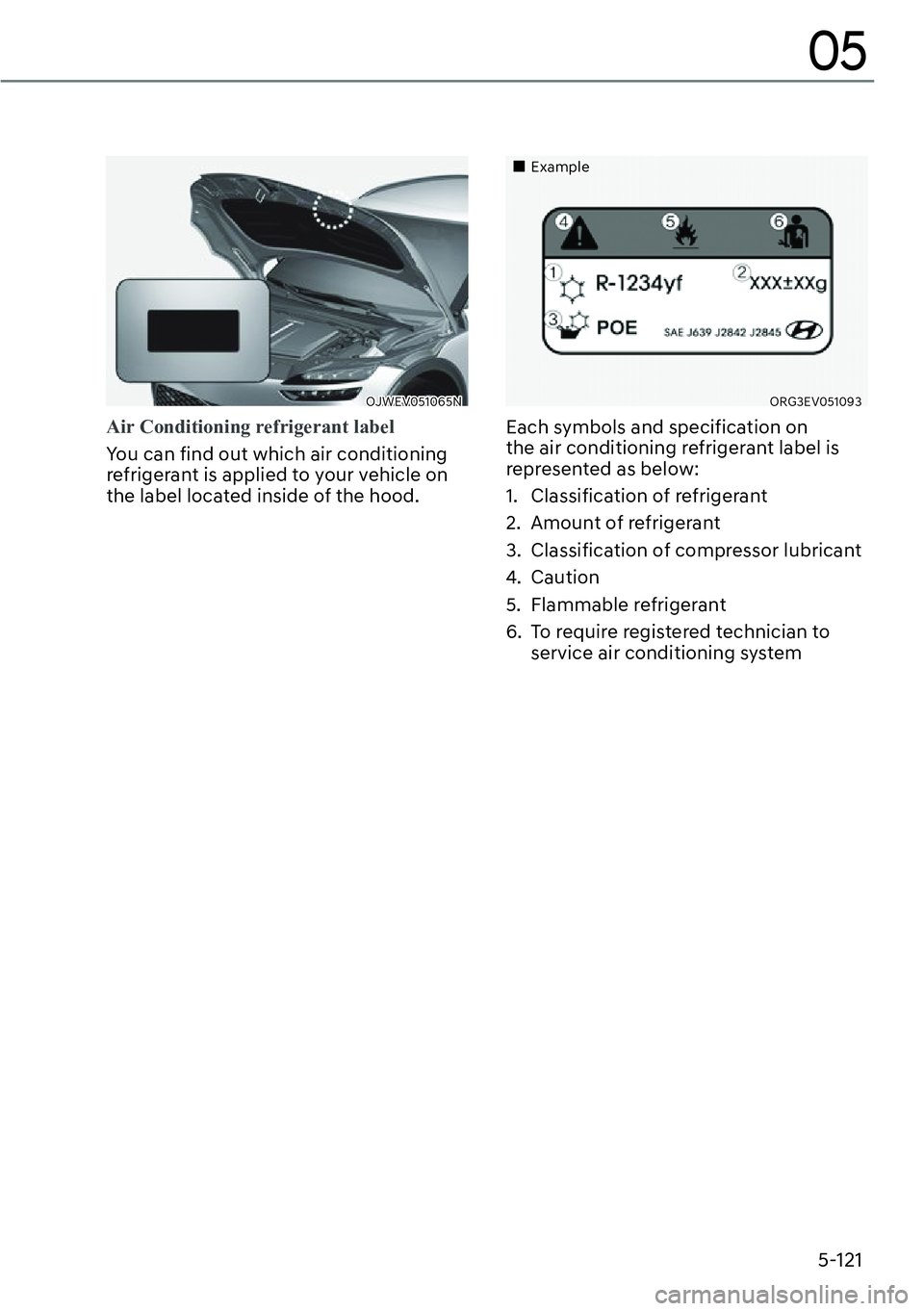 GENESIS GV60 2023  Owners Manual 5-121
05
OJWEV051065N
Air Conditioning refrigerant label
You can find out which air conditioning 
refrigerant is applied to your vehicle on 
the label located inside of the hood.
��„Example
ORG3EV0