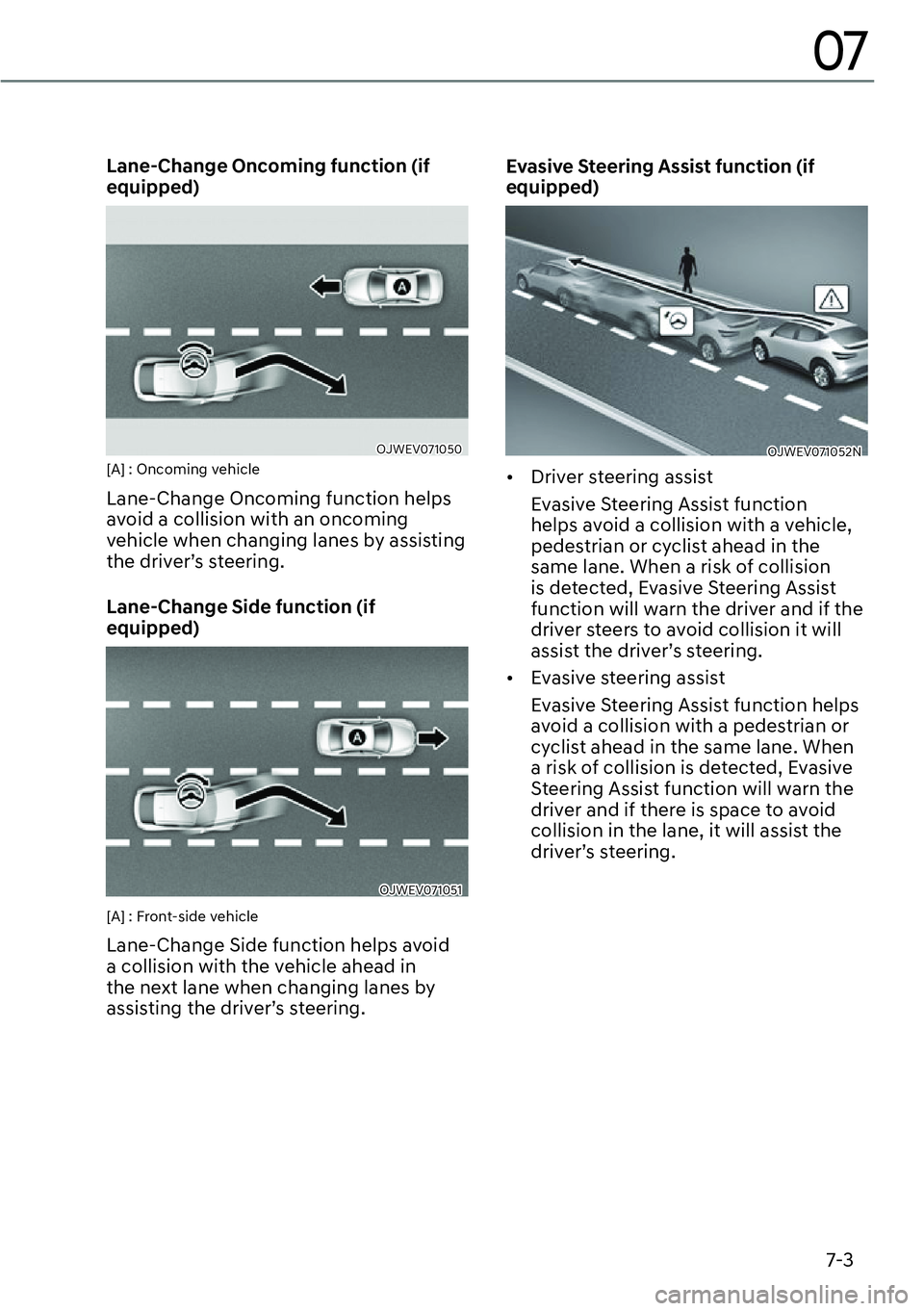GENESIS GV60 2023  Owners Manual 7-3
07
Lane-Change Oncoming function (if 
equipped)
OJWEV071050 [A] : Oncoming vehicle
Lane-Change Oncoming function helps 
avoid a collision with an oncoming 
vehicle when changing lanes by assisting