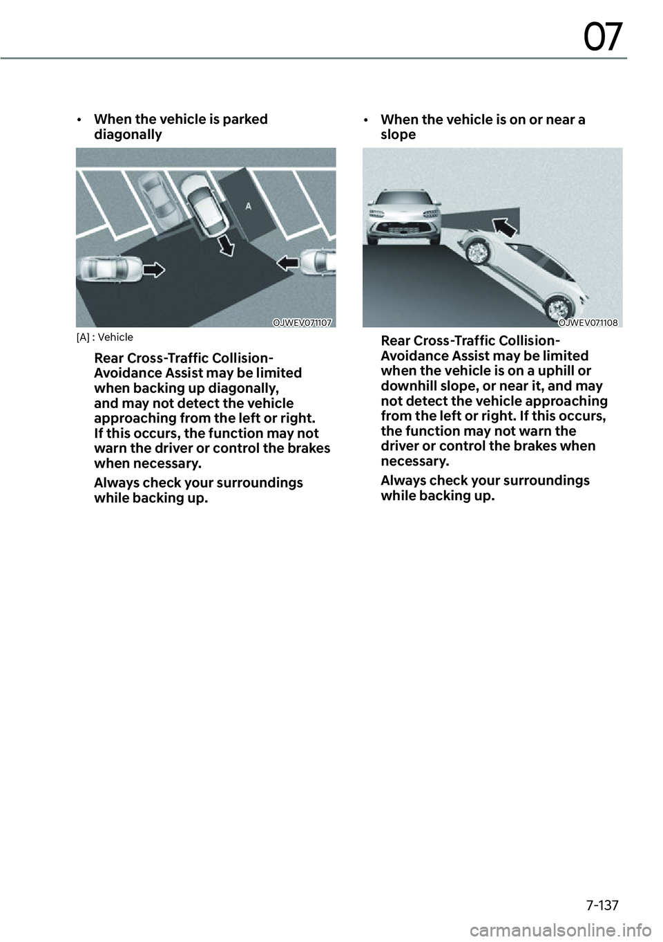 GENESIS GV60 2023  Owners Manual 7-137
07
[��:�K�H�Q��W�K�H��Y�H�K�L�F�O�H��L�V��S�D�U�N�H�G�
�G�L�D�J�R�Q�D�O�O�\
OJWEV071107 [A] : Vehicle
Rear Cross-Traffic Collision-
�$�Y�R�L�G�D�Q�F�H��$�V�V�L�V�W��P�D�\��E�H��O�L�P�
