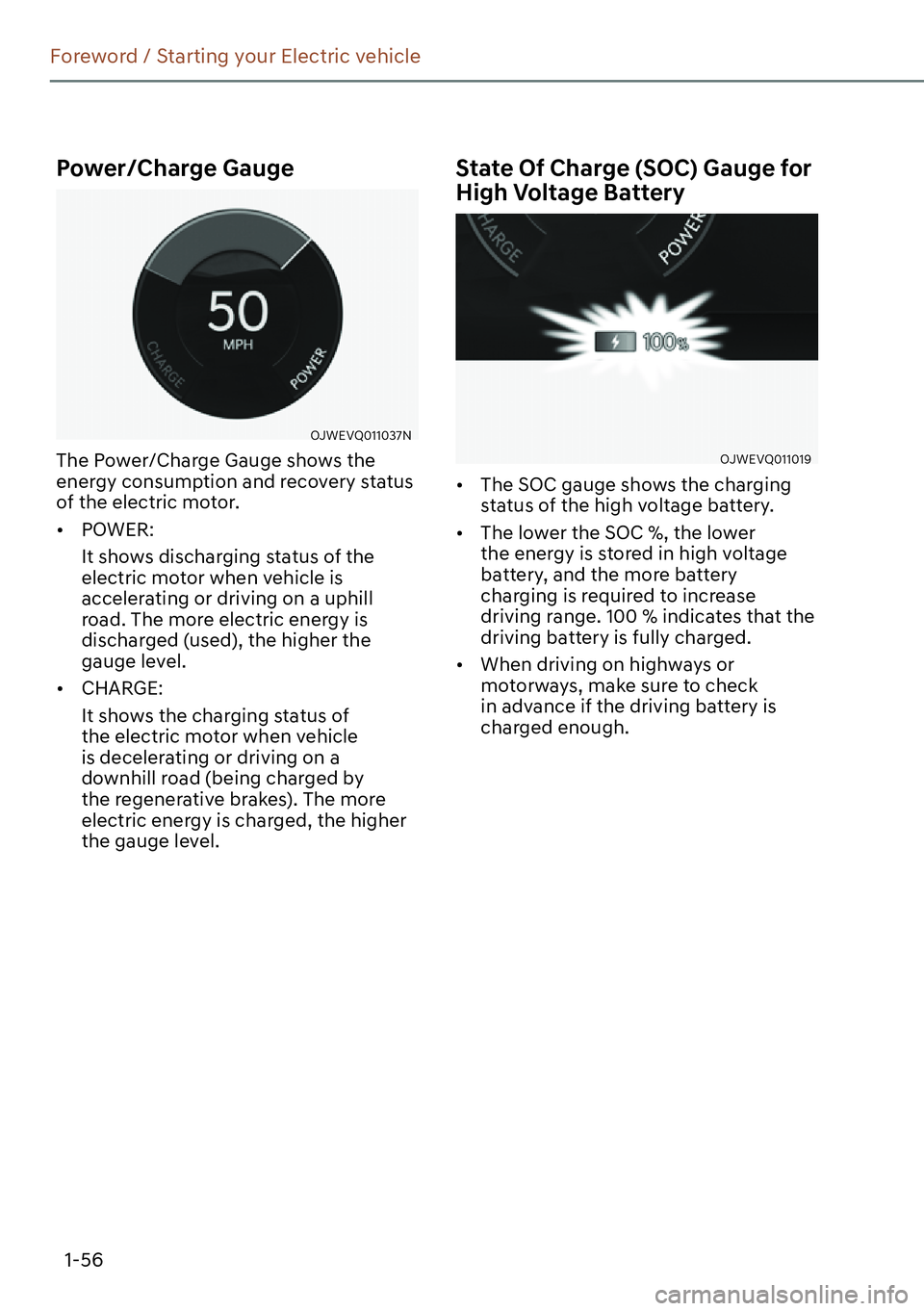 GENESIS GV60 2023  Owners Manual 1-56
Foreword / Starting your Electric vehicle
Power/Charge Gauge
OJWEVQ011037N
The Power/Charge Gauge shows the 
energy consumption and recovery status 
of the electric motor.
[�POWER: 
It shows di