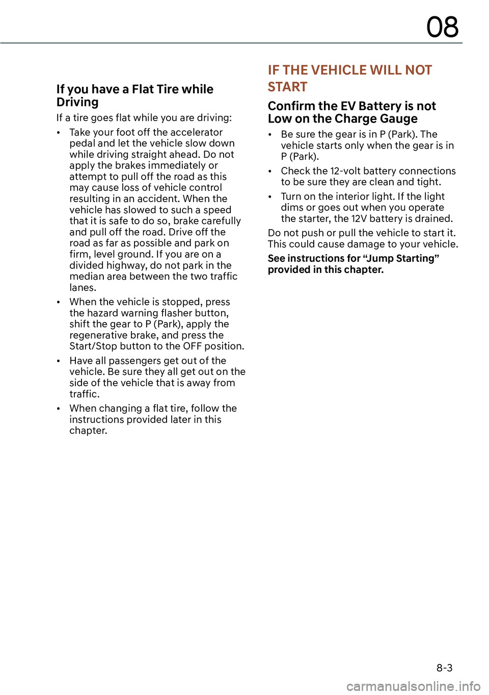 GENESIS GV60 2023  Owners Manual 8-3
08
Confirm the EV Battery is not 
Low on the Charge Gauge
[�Be sure the gear is in P (Park). The 
vehicle starts only when the gear is in 
P (Park).
[�Check the 12-volt battery connections 
to