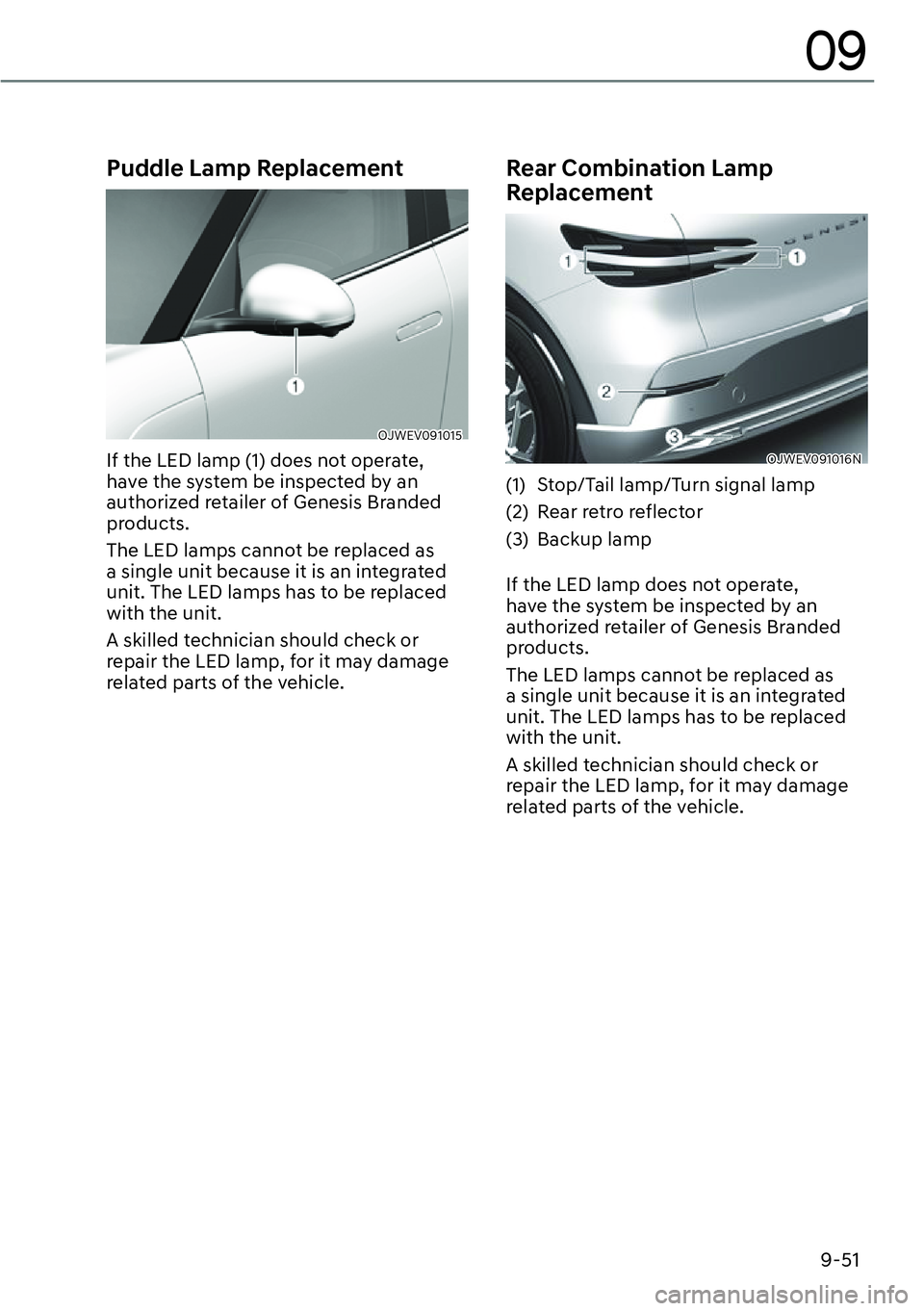 GENESIS GV60 2023  Owners Manual 9-51
09
Puddle Lamp Replacement
OJWEV091015 
If the LED lamp (1) does not operate, 
have the system be inspected by an 
authorized retailer of Genesis Branded 
products.
The LED lamps cannot be replac
