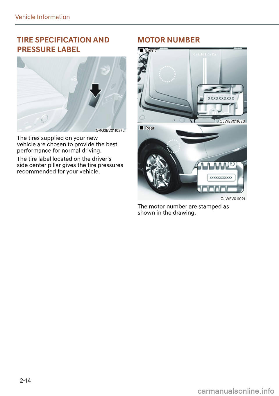 GENESIS GV60 2023  Owners Manual 2-14
Vehicle Information
MOTOR NUMBER
ORG3EV011027L
The tires supplied on your new 
vehicle are chosen to provide the best 
performance for normal driving.
The tire label located on the driver’s 
si