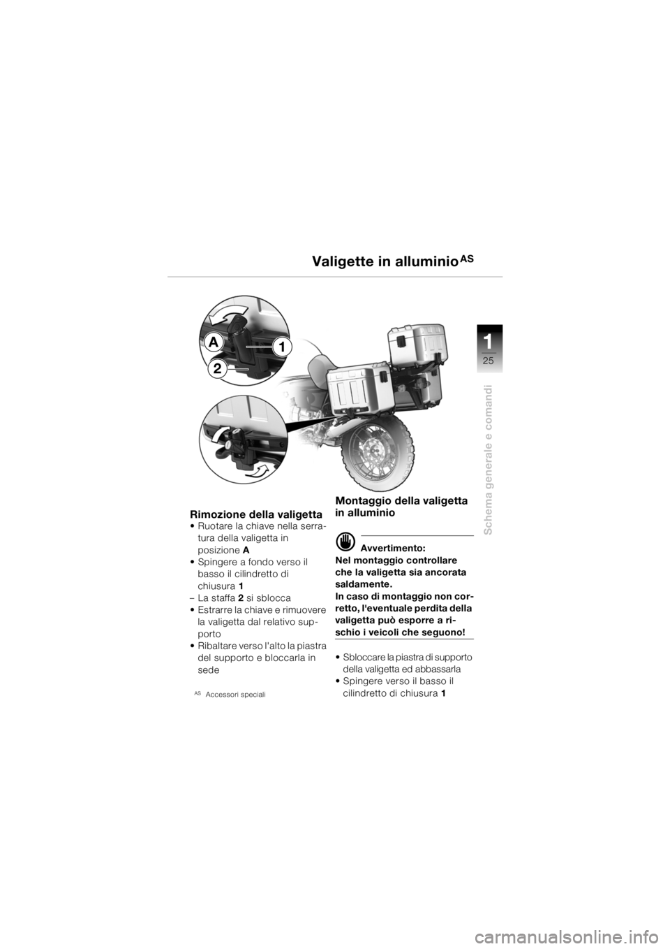 BMW MOTORRAD R 1150 GS 2002  Libretto di uso e manutenzione (in Italian) 111
25
Schema generale e comandi
Rimozione della valigetta• Ruotare la chiave nella serra-tura della valigetta in 
posizione A 
• Spingere a fondo verso il  basso il cilindretto di 
chiusura 1 

