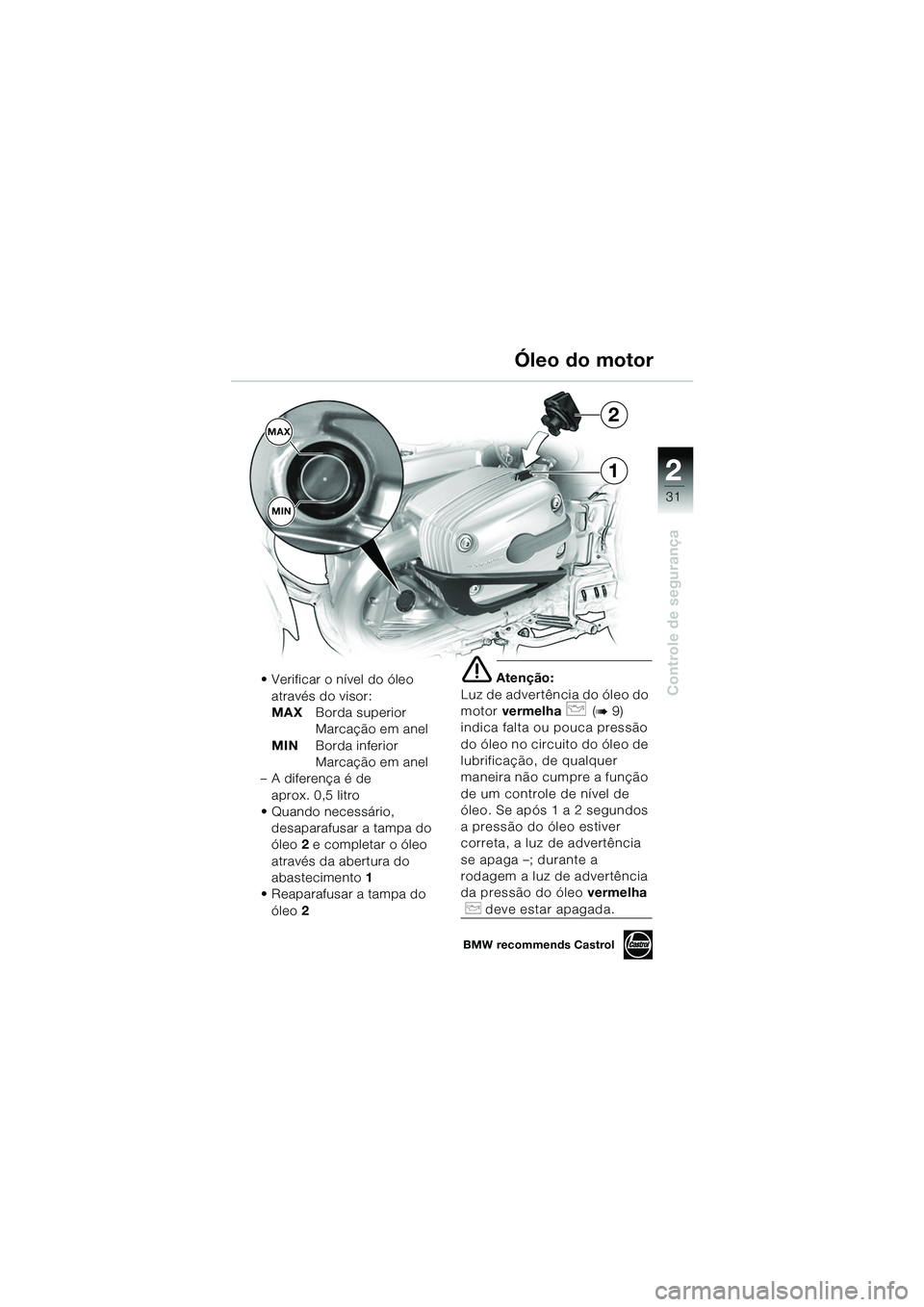 BMW MOTORRAD R 1150 GS 2002  Manual do condutor (in Portuguese) 2
31
Controle de segurança
1
MAXMIN2
Óleo do motor
• Verificar o nível do óleo 
através do visor:
MAX Borda superior 
Marcação em anel
MIN Borda inferior 
Marcação em anel
– A diferença 