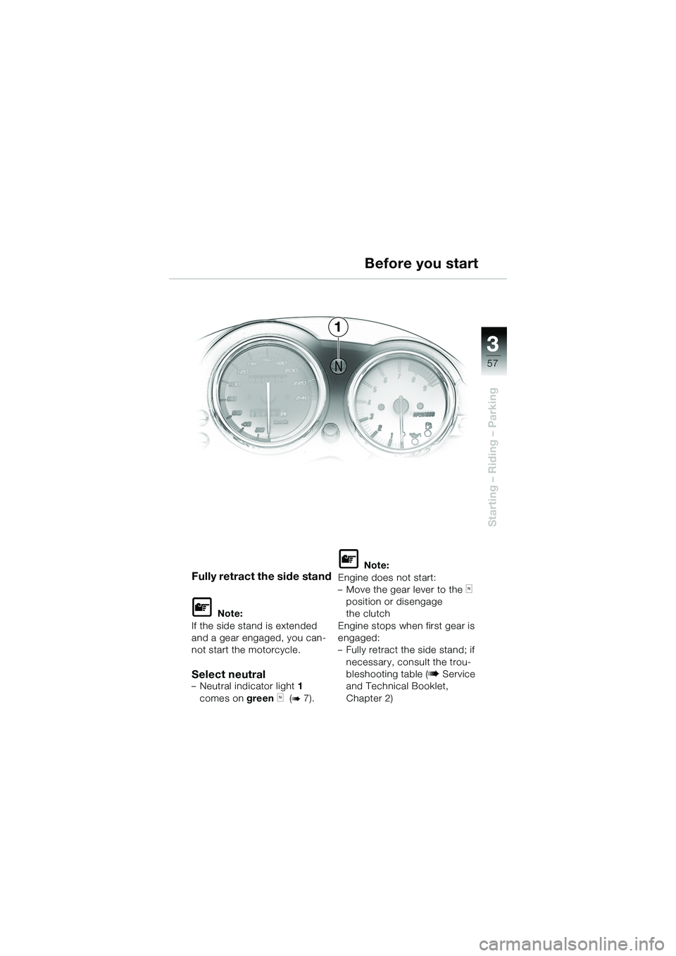 BMW MOTORRAD R 1150 R 2002  Riders Manual (in English) 3
57
3
Starting – Riding – Parking
1
Fully retract the side stand
L Note:
If the side stand is extended 
and a gear engaged, you can-
not start the motorcycle.
Select neutral– Neutral indicator 