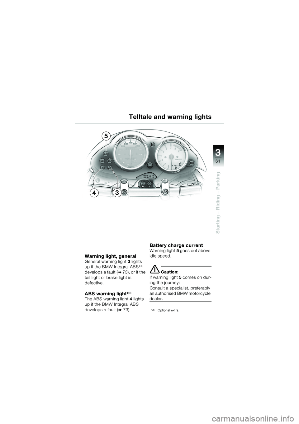 BMW MOTORRAD R 1150 R 2002  Riders Manual (in English) 3
61
3
Starting – Riding – Parking
Warning light, general General warning light 3 lights 
up if the BMW Integral ABSOE 
develops a fault (
b 73), or if the 
tail light or br ake light is 
defectiv
