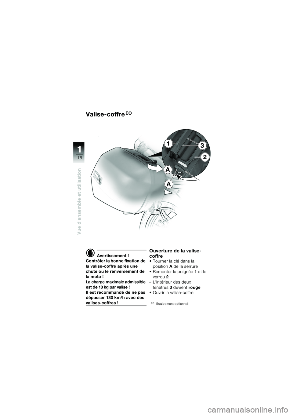 BMW MOTORRAD R 1150 R 2002  Livret de bord (in French) 1
Vue densemble et utilisation
162
1
A
A
3
d Avertissement !
Contrôler la bonne fixation de 
la valise-coffre après une 
chute ou le renversement de 
la moto !
La charge maximale admissible 
est de