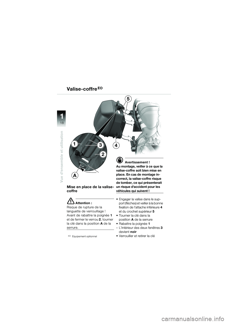 BMW MOTORRAD R 1150 R 2002  Livret de bord (in French) 1
Vue densemble et utilisation
18
2
1
A
34
5
Mise en place de la valise-
coffre
e Attention :
Risque de rupture de la 
languette de verrouillage !
Avant de rabattre la poignée  1 
et de fermer le ve