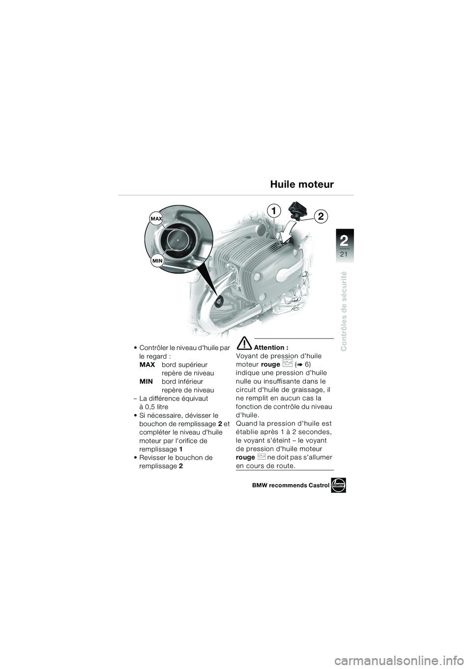 BMW MOTORRAD R 1150 R 2002  Livret de bord (in French) 2
21
2
Contrôles de sécurité• Contrôler le niveau dhuile par le regard :
MAX bord supérieur 
repère de niveau
MIN bord inférieur 
repère de niveau
– La différence équivaut  à0,5litre
