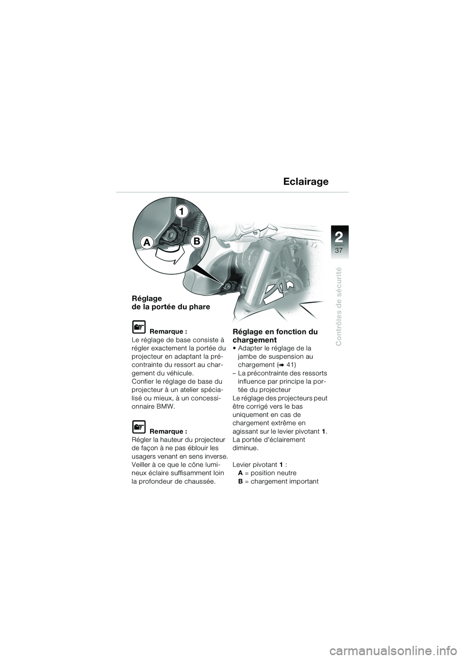 BMW MOTORRAD R 1150 R 2002  Livret de bord (in French) 2
37
2
Contrôles de sécurité
1
Réglage 
de la portée du phare
L Remarque :
Le réglage de base consiste à 
régler exactement la portée du 
projecteur en adaptant la pré-
contrainte du ressort