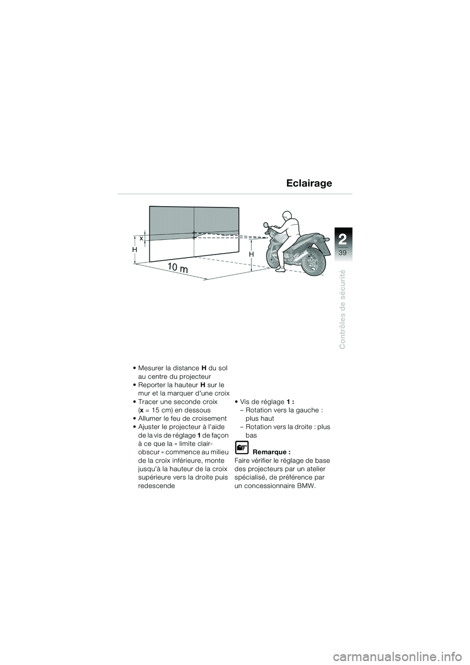 BMW MOTORRAD R 1150 R 2002  Livret de bord (in French) 2
39
2
Contrôles de sécurité
Eclairage
• Mesurer la distance H du sol 
au centre du projecteur
• Reporter la hauteur  H sur le 
mur et la marquer dune croix
• Tracer une seconde croix (x = 1
