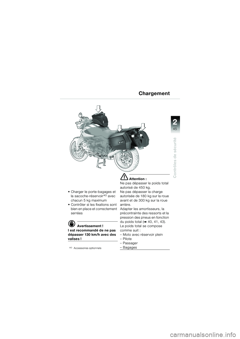 BMW MOTORRAD R 1150 R 2002  Livret de bord (in French) 2
45
2
Contrôles de sécurité
Chargement
• Charger le porte-bagages et la sacoche-réservoirAO avec 
chacun 5 kg maximum
• Contrôler si les fixations sont  bien en place et correctement 
serré