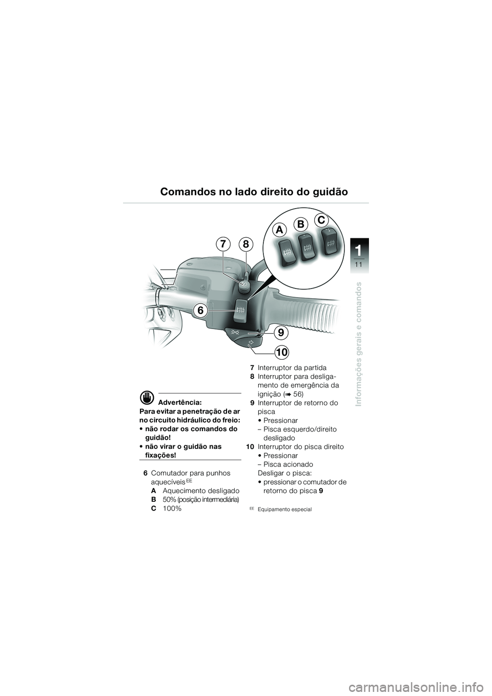 BMW MOTORRAD R 1150 R 2002  Manual do condutor (in Portuguese) 1
Informações gerais e comandos
11
BA
C
9
10
87
6
d Advertência:
Para evitar a penetração de ar 
no circuito hidráulico do freio: 
• não rodar os comandos do  guidão!
• não virar o guidã