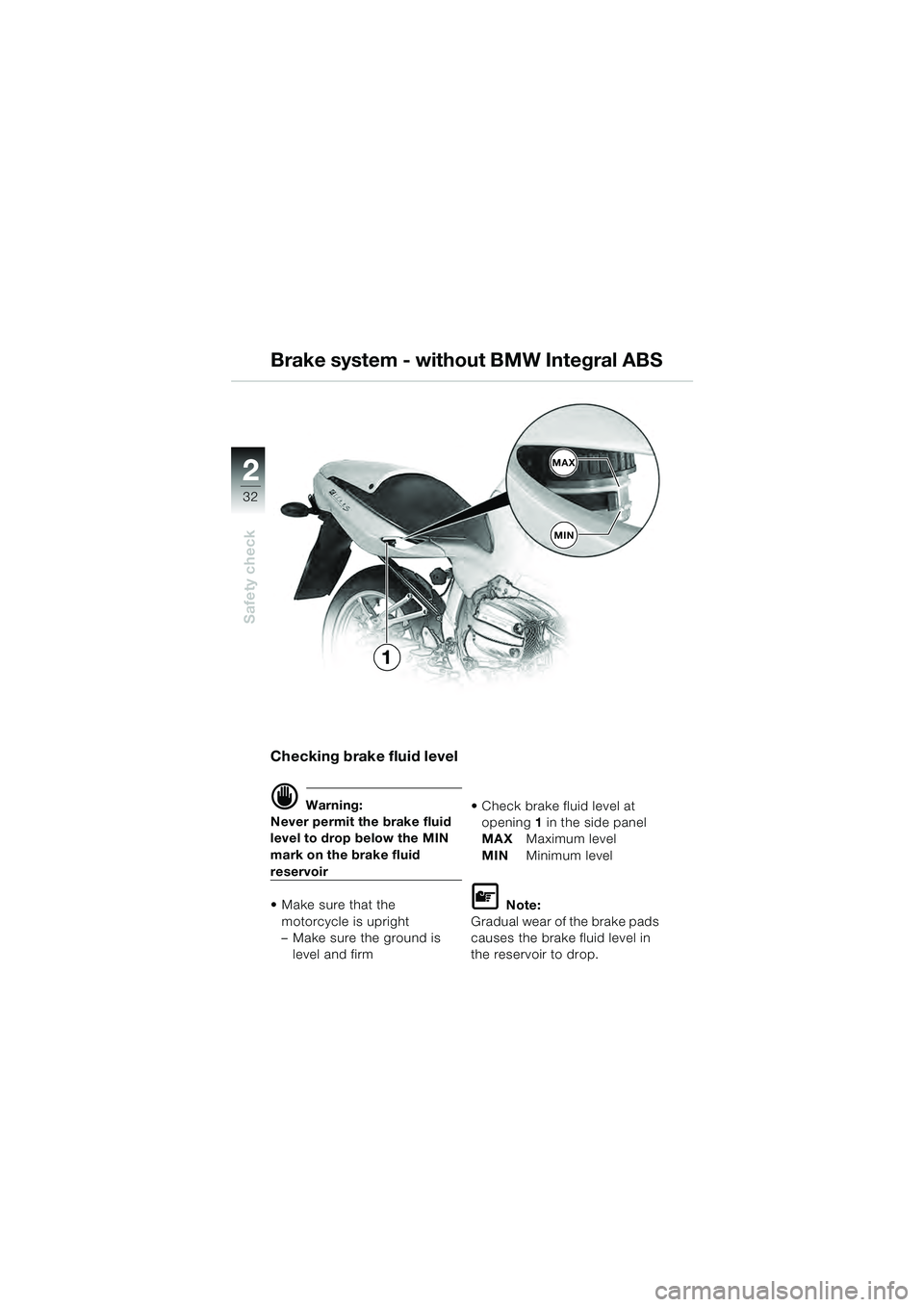BMW MOTORRAD R 1100 S 2000  Riders Manual (in English) 2
32
Safety check
2MAX
MIN
1
Checking brake fluid level 
d Warning:
Never permit the brake fluid 
level to drop below the MIN 
mark on the brake fluid 
reservoir
 Make sure that the  motorcycle is upr