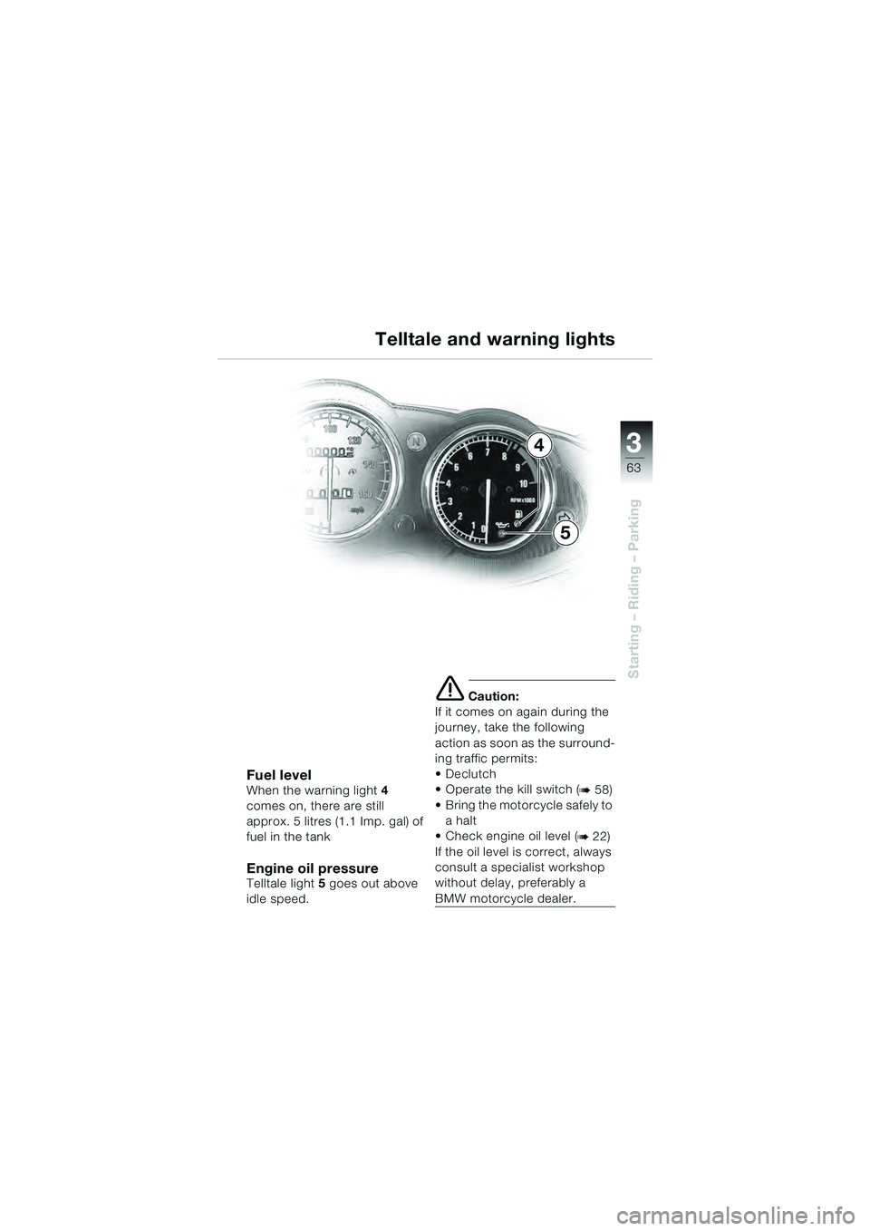 BMW MOTORRAD R 1100 S 2000  Riders Manual (in English) 3
63
Starting – Riding – Parking
Fuel levelWhen the warning light4 
comes on, there are still 
approx. 5 litres (1.1 Imp. gal) of 
fuel in the tank
Engine oil pressureTelltale light 5 goes out abo