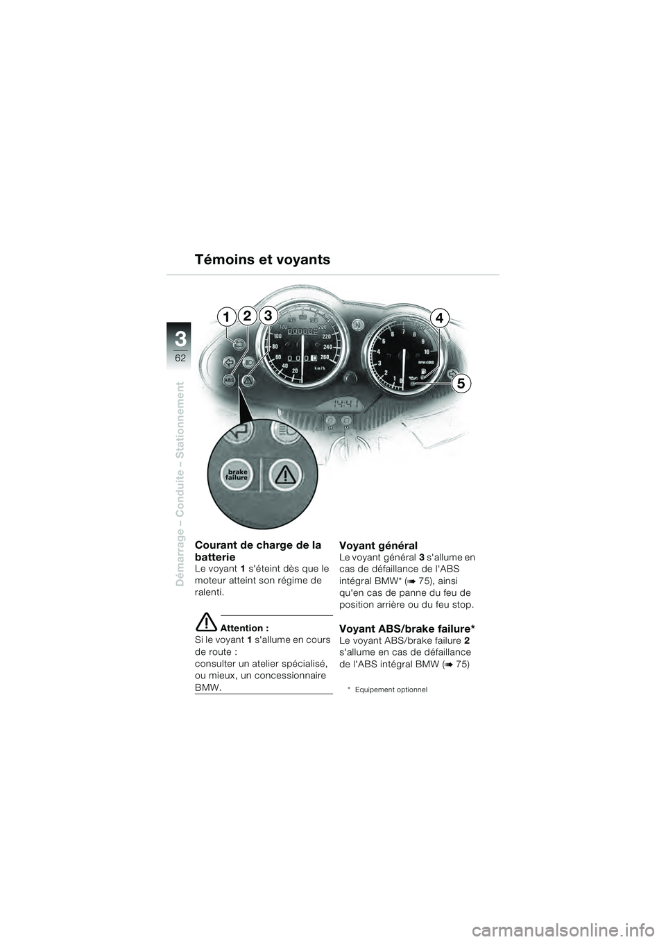 BMW MOTORRAD R 1100 S 2000  Livret de bord (in French) 62
Démarrage – Conduite – Stationnement
3
Courant de charge de la 
batterie
Le voyant1 séteint dès que le 
moteur atteint son régime de 
ralenti.
e Attention :
Si le voyant 1 sallume en cour