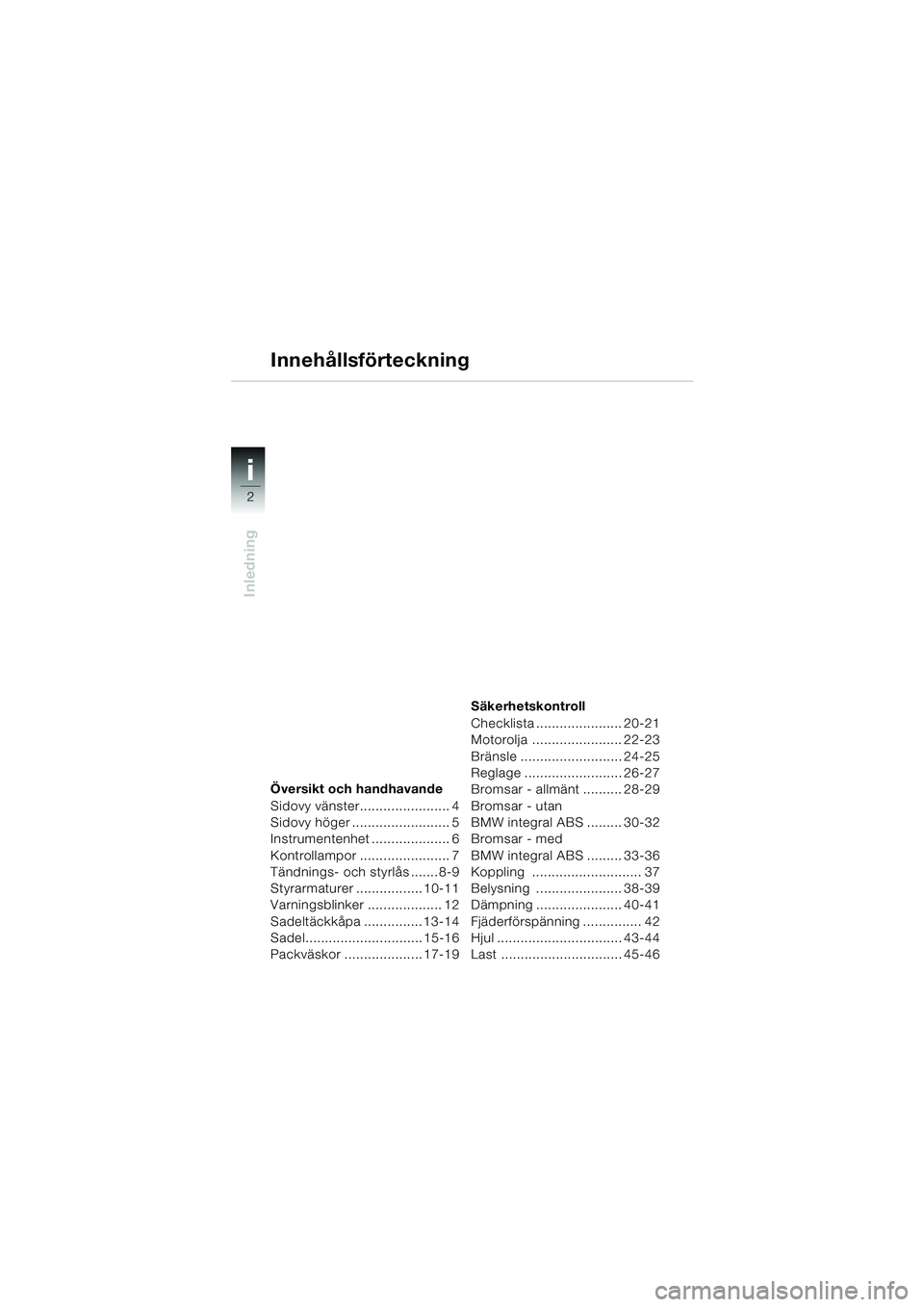 BMW MOTORRAD R 1100 S 2000  Instruktionsbok (in Swedish) i
Inledning
12
2
12
i
Översikt och handhavande
Sidovy vänster....................... 4
Sidovy höger ......................... 5
Instrumentenhet .................... 6
Kontrollampor ................
