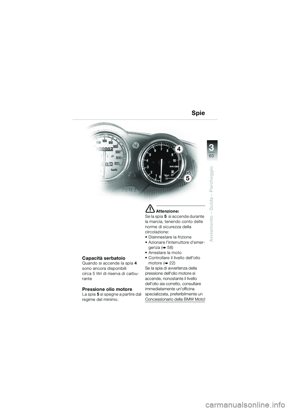 BMW MOTORRAD R 1100 S 2002  Libretto di uso e manutenzione (in Italian) 3
63
Avviamento – Guida – Parcheggio
4
5
Capacità serbatoioQuando si accende la spia4 
sono ancora disponibili 
circa 5 litri di riserva di carbu-
rante
Pressione olio motoreLa spia 5 si spegne a