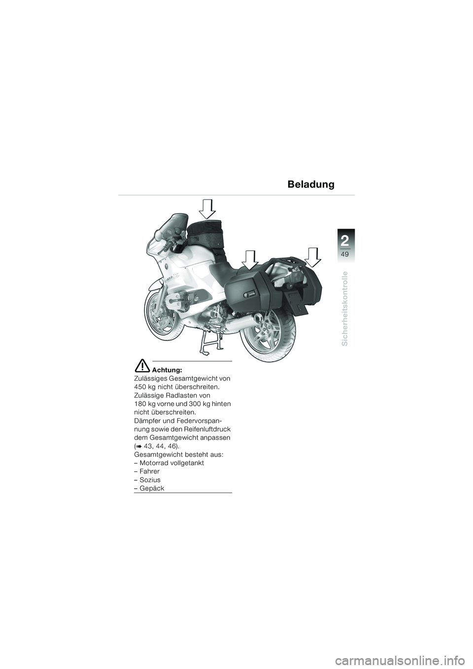 BMW MOTORRAD R 1150 RS 2002  Betriebsanleitung (in German) 2
49
2
Sicherheitskontrolle
e Achtung:
Zulässiges Gesamtgewicht von 
450 kg nicht überschreiten.
Zulässige Radlasten von 
180 kg vorne und 300 kg hinten 
nicht überschreiten.
Dämpfer und Federvor