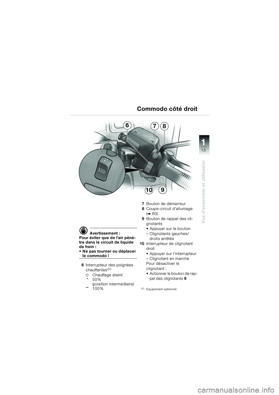 BMW MOTORRAD R 1150 RS 2002  Livret de bord (in French) 1
Vue d’ensemble et utilisation
13
678
109
d Avertissement :
Pour éviter que de lair pénè-
tre dans le circuit de liquide 
de frein :
 Ne pas tourner ou déplacer 
le commodo !
6 Interrupteur d