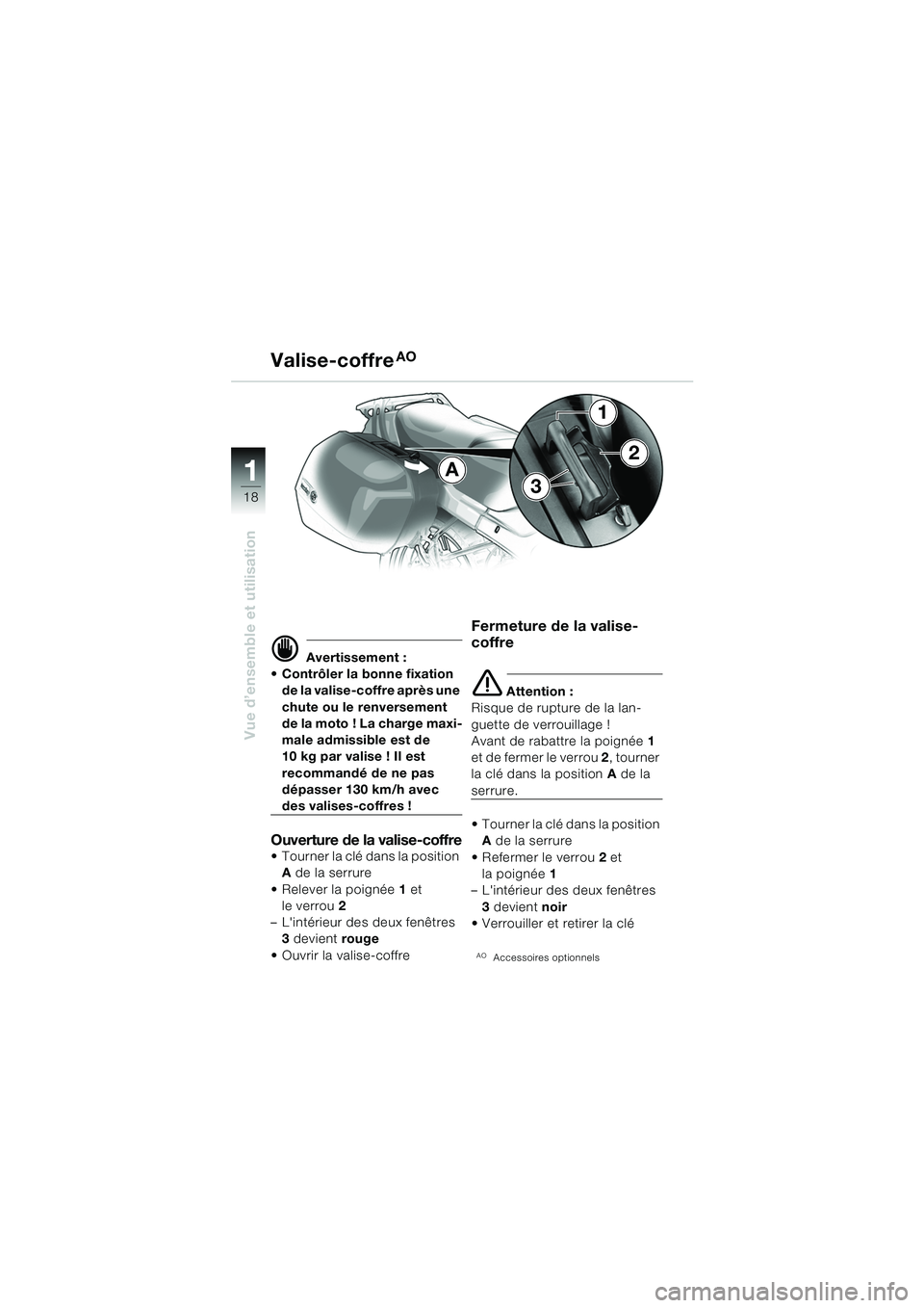 BMW MOTORRAD R 1150 RS 2002  Livret de bord (in French) 1
Vue d’ensemble et utilisation
18
A
3
2
1
d Avertissement :
 Contrôler la bonne fixation  de la valise-coffre après une 
chute ou le renversement 
de la moto ! La charge maxi-
male admissible es