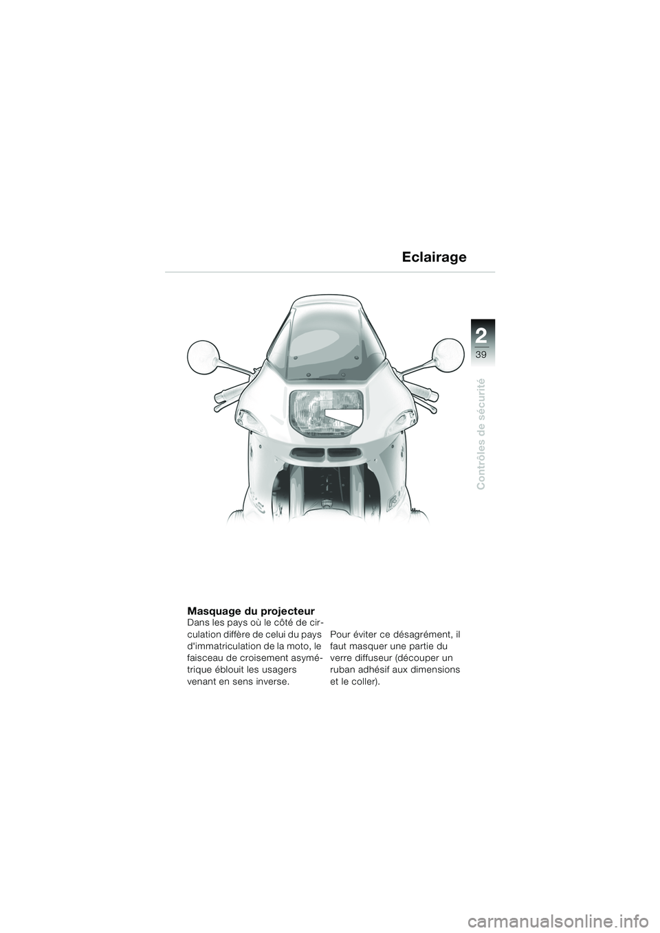 BMW MOTORRAD R 1150 RS 2002  Livret de bord (in French) 2
39
2
Contrôles de sécurité
Eclairage
Masquage du projecteurDans les pays où le côté de cir-
culation diffère de celui du pays 
dimmatriculation de la moto, le 
faisceau de croisement asymé-