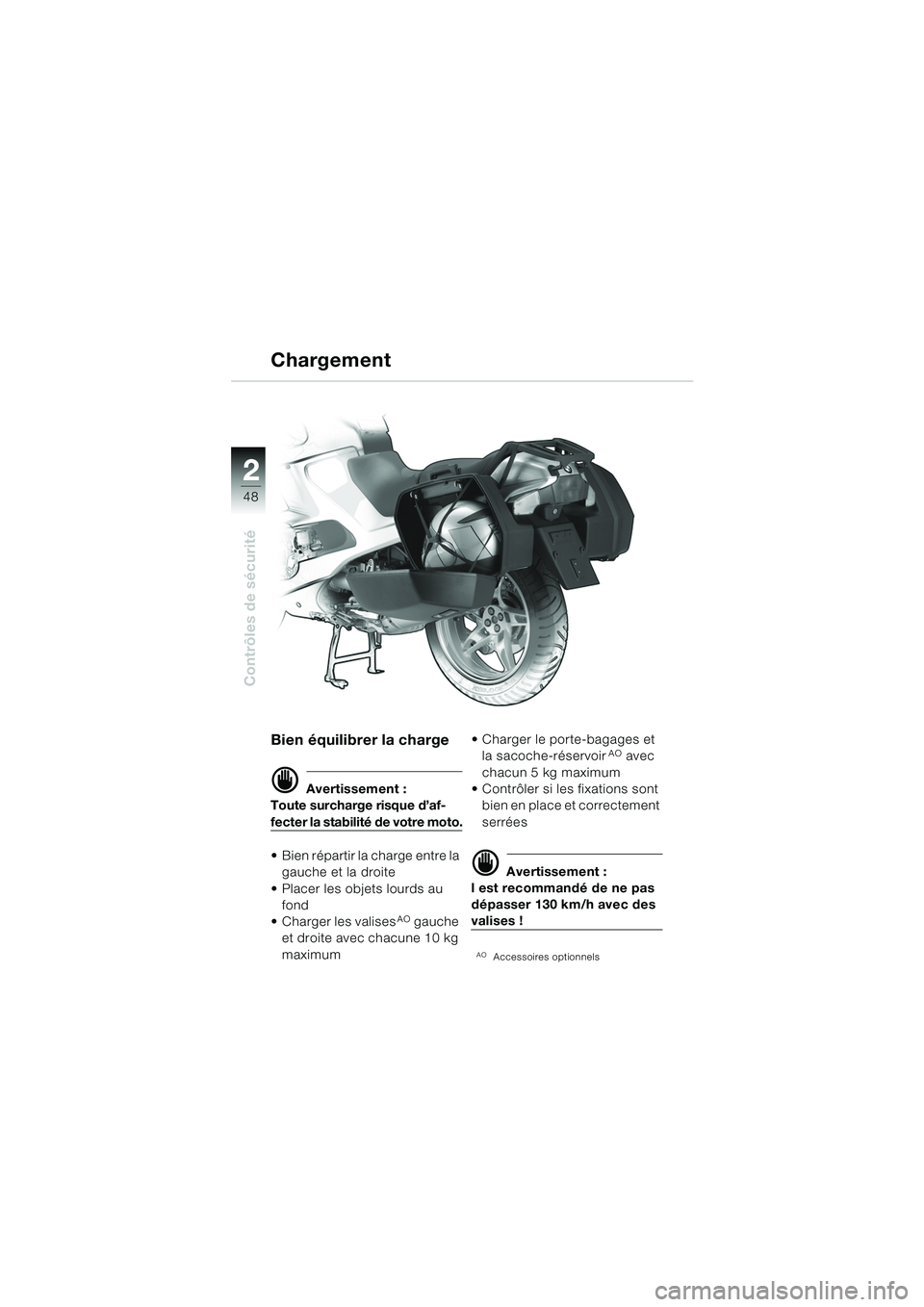 BMW MOTORRAD R 1150 RS 2002  Livret de bord (in French) 22
48
Contrôles de sécurité
Bien équilibrer la charge
d Avertissement :
Toute surcharge risque d’af-
fecter la stabilité de votre moto.
 Bien répartir la charge entre la  gauche et la droite
