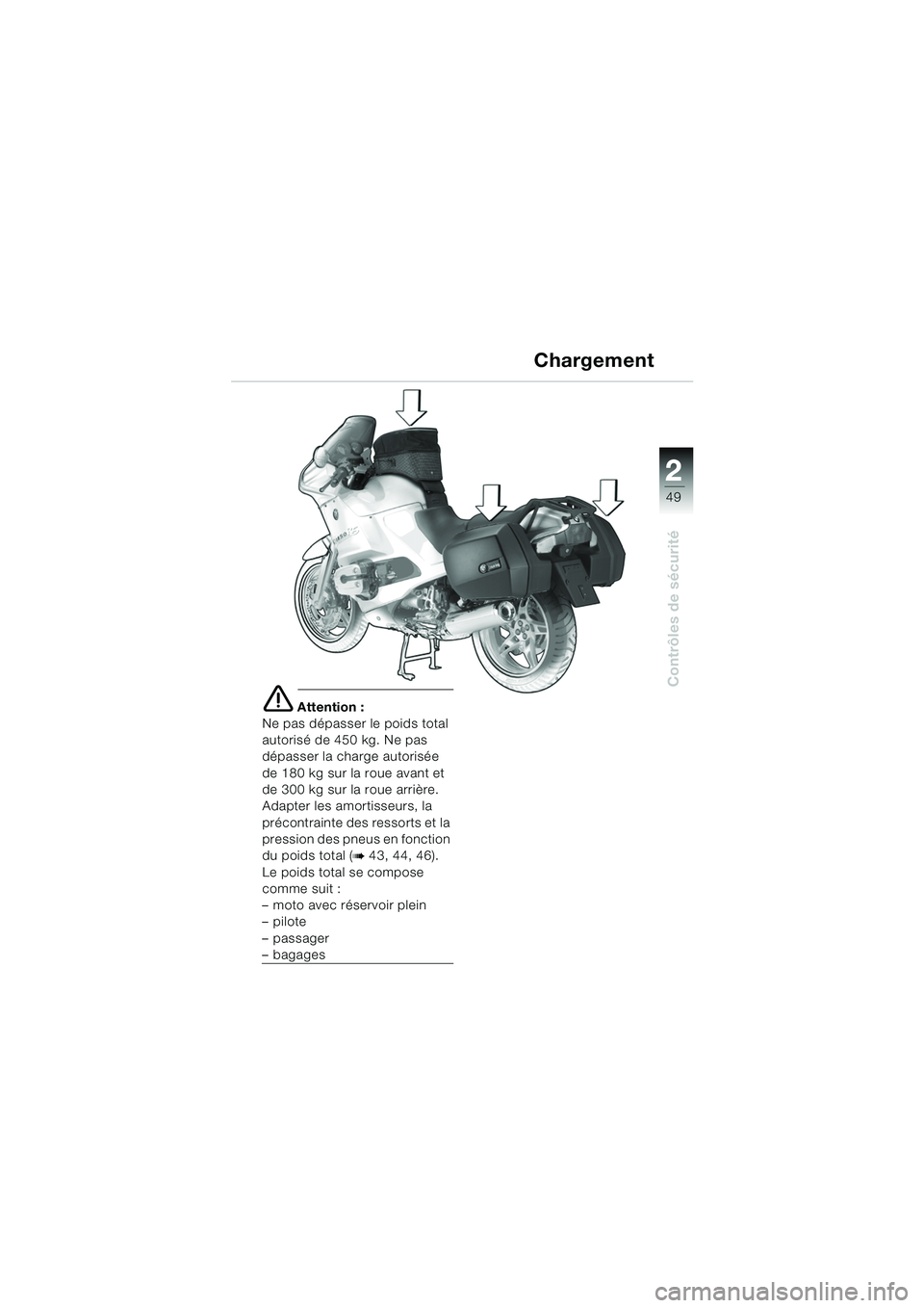 BMW MOTORRAD R 1150 RS 2002  Livret de bord (in French) 2
49
2
Contrôles de sécurité
e Attention :
Ne pas dépasser le poids total 
autorisé de 450 kg. Ne pas 
dépasser la charge autorisée 
de 180 kg sur la roue avant et 
de 300 kg sur la roue arriè