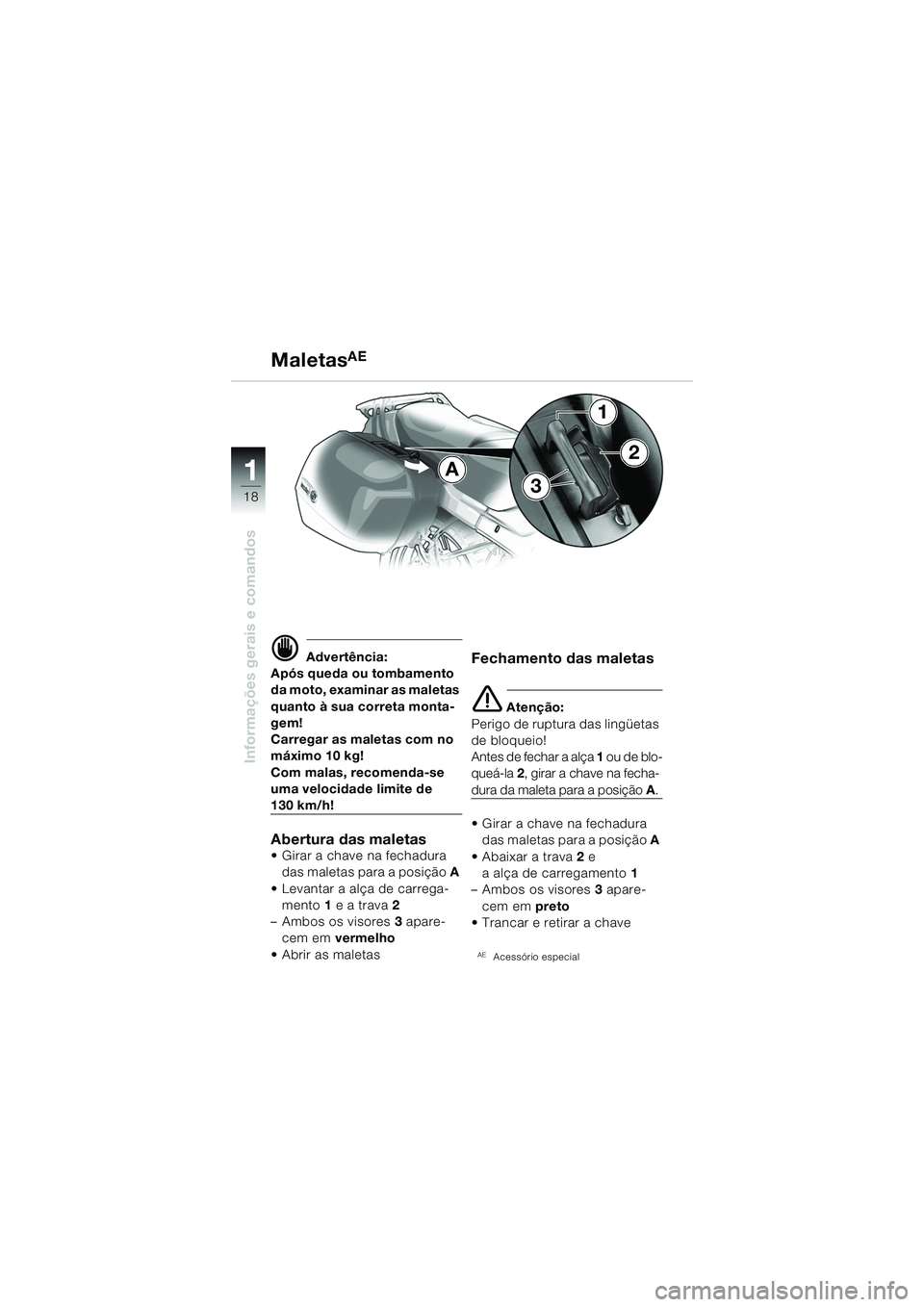 BMW MOTORRAD R 1150 RS 2002  Manual do condutor (in Portuguese) 1
Informações gerais e comandos
18
A
3
2
1
d Advertência:
Após queda ou tombamento 
da moto, examinar as maletas 
quanto à sua correta monta-
gem!
Carregar as maletas com no 
máximo 10 kg!
Com m