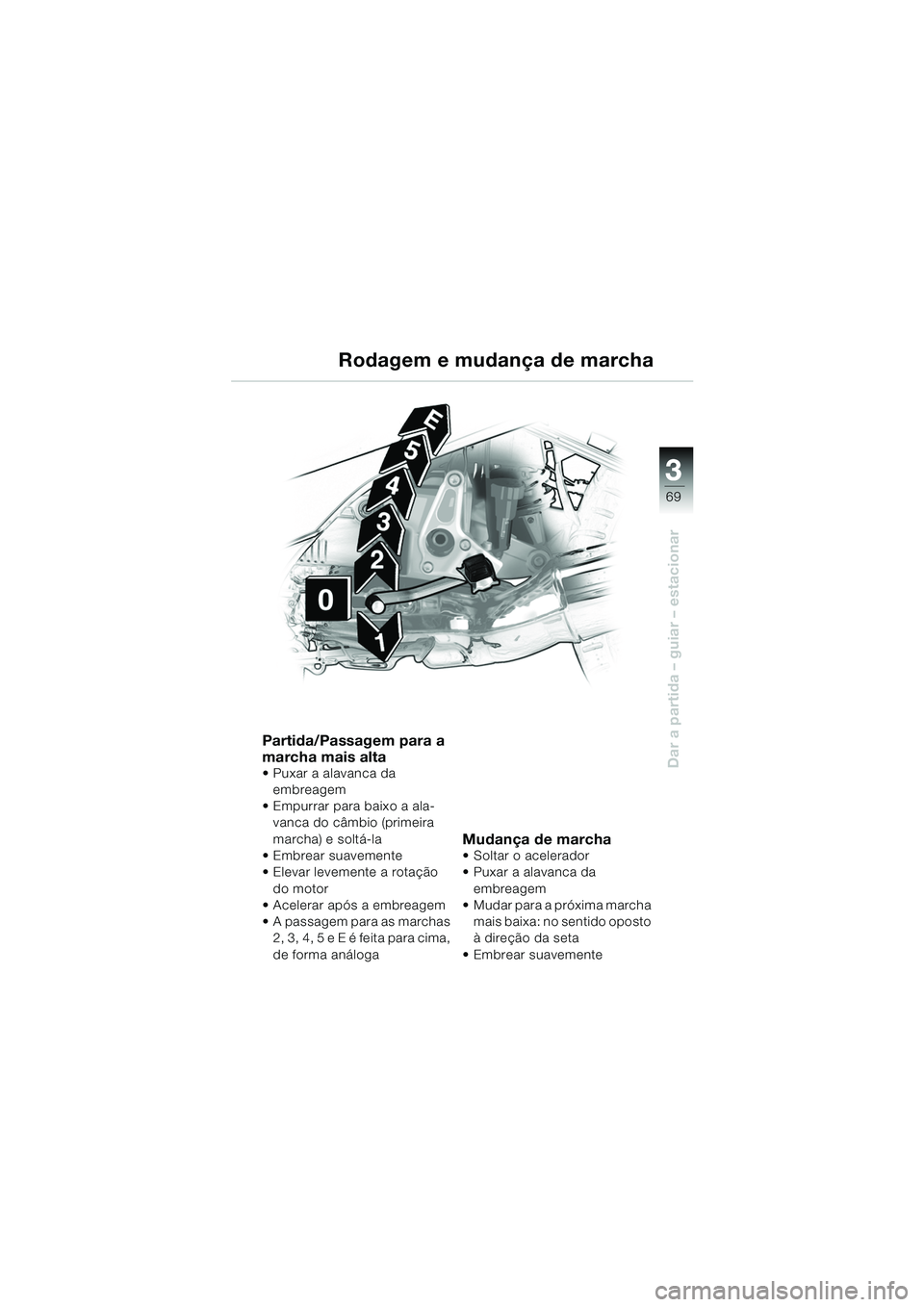BMW MOTORRAD R 1150 RS 2002  Manual do condutor (in Portuguese) 3
69
3
Dar a partida – guiar – estacionar
Partida/Passagem para a 
marcha mais alta
 Puxar a alavanca da embreagem
 Empurrar para baixo a ala- vanca do câmbio (primeira 
marcha) e soltá-la
 E