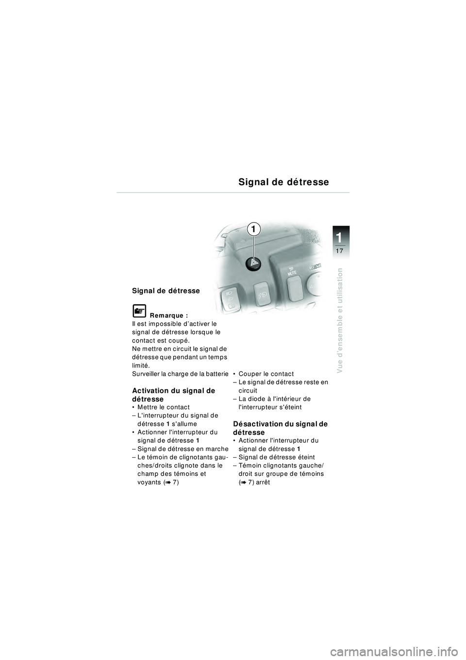 BMW MOTORRAD R 1150 RT 2002  Livret de bord (in French) 17
Vue d’ensemble et utilisation
1
Signal de d étresse
\f Remarque :
Il est impossible d ’activer le 
signal de d étresse lorsque le 
contact est coup é.
Ne mettre en circuit le signal de 
d é