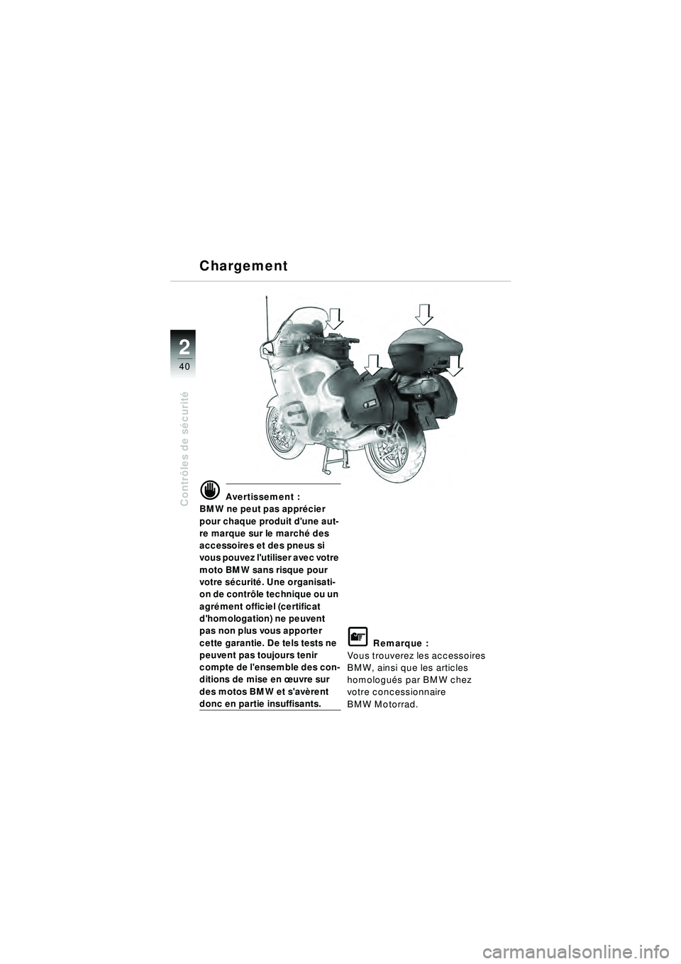 BMW MOTORRAD R 1150 RT 2002  Livret de bord (in French) 2
40
Contrôles de s écurit éd Avertissement :
BMW ne peut pas appr écier 
pour chaque produit dune aut-
re marque sur le march é des 
accessoires et des pneus si 
vous pouvez lutiliser avec vot