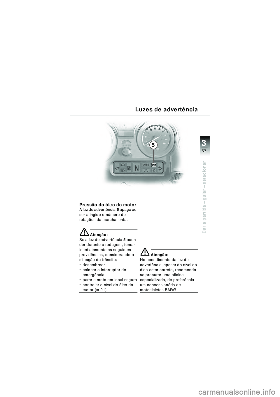BMW MOTORRAD R 1150 RT 2002  Manual do condutor (in Portuguese) 3
57
Dar a partida – guiar – estacionar
5
Luzes de advert
ência
Press ão do ó leo do motorA luz de advert ência 5 apaga ao 
ser atingido o n úmero de 
rota ções da marcha lenta.
e Aten çã