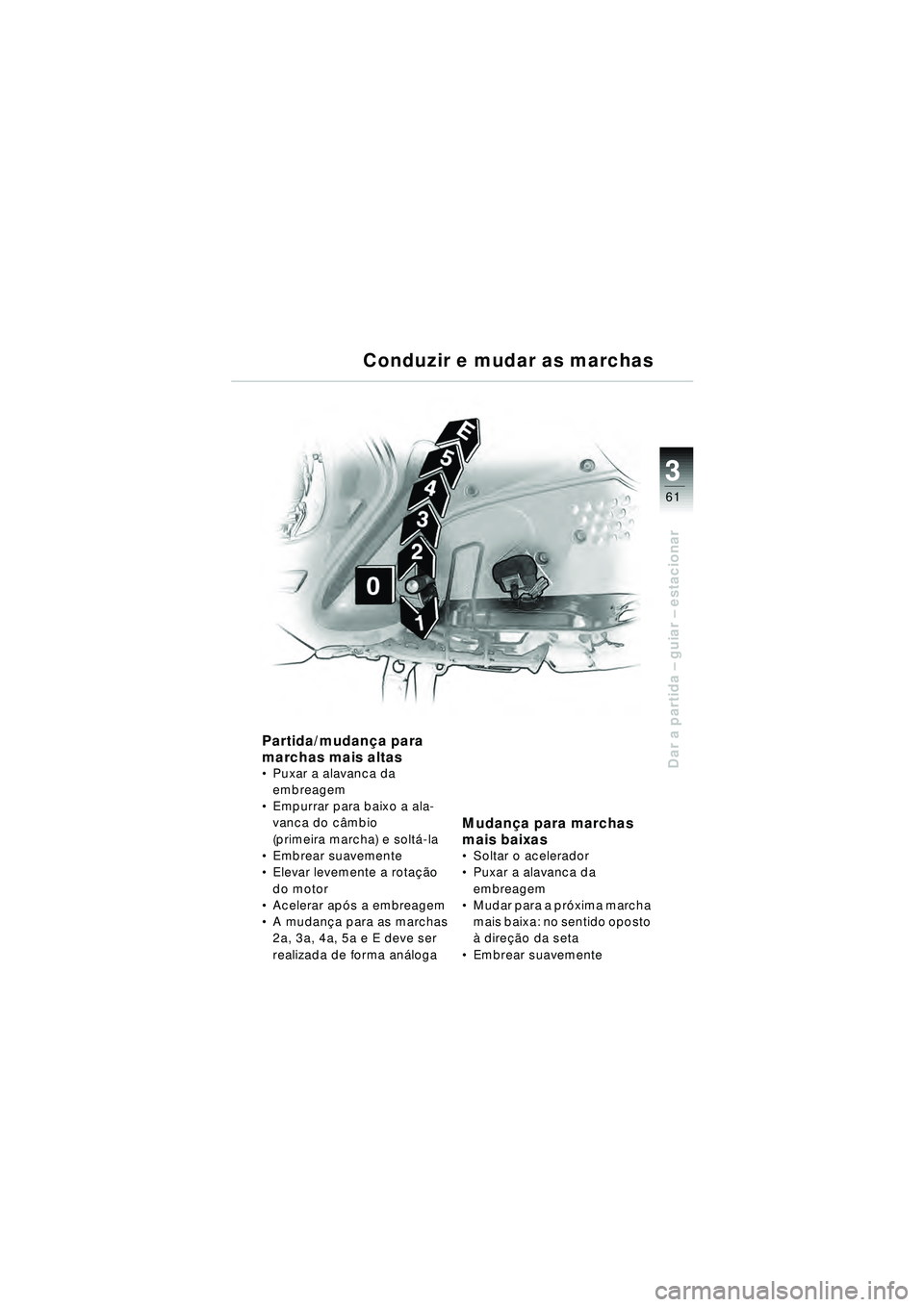 BMW MOTORRAD R 1150 RT 2002  Manual do condutor (in Portuguese) 3
61
Dar a partida – guiar – estacionar
Conduzir e mudar as marchas
Partida/mudan ça para 
marchas mais altas
 Puxar a alavanca da 
embreagem
 Empurrar para baixo a ala-
vanca do c âmbio 
(pri