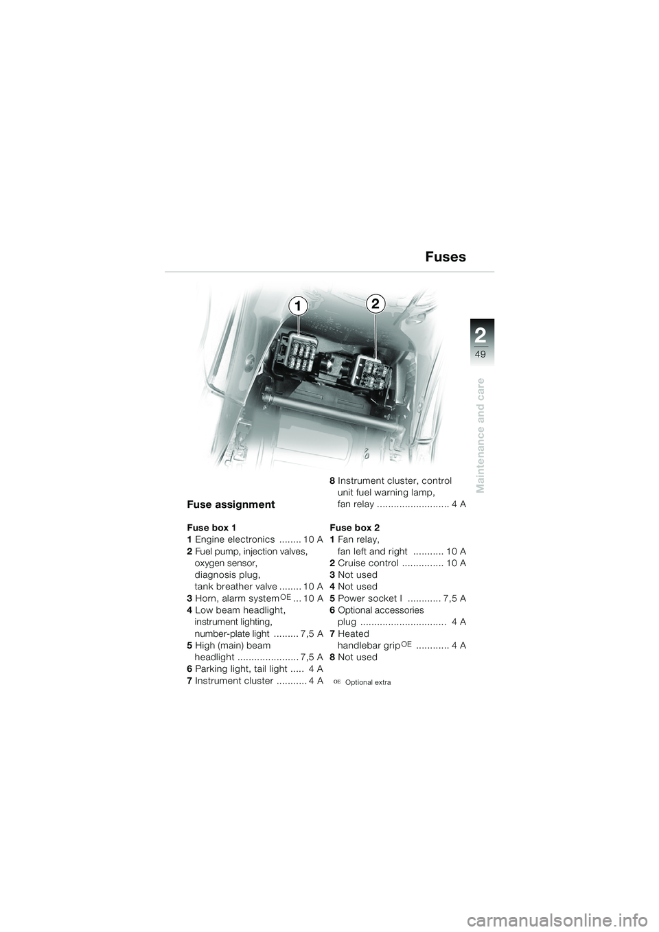 BMW MOTORRAD K 1200 RS 2004  Riders Manual (in English) 49
Maintenance and care
2
Fuse assignment
Fuse box 1
1 Engine electronics  ........ 10 A
2  Fuel pump, injection valves, 
oxygen sensor, 
diagnosis plug, 
tank breather valve ........ 10 A
3  Horn, al