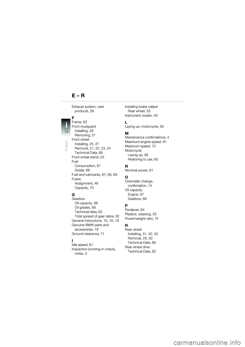 BMW MOTORRAD K 1200 RS 2004 Riders Manual (in English) 74
i
E – R
Exhaust system, care products, 58
FFrame, 63
Front mudguardInstalling, 28
Removing, 21
Front wheel
Installing, 25, 27
Removal, 21, 22, 23, 24
Technical Data, 66
Front wheel stand, 23
Fuel BMW MOTORRAD K 1200 RS 2004 Riders Manual (in English) 74
i
E – R
Exhaust system, care products, 58
FFrame, 63
Front mudguardInstalling, 28
Removing, 21
Front wheel
Installing, 25, 27
Removal, 21, 22, 23, 24
Technical Data, 66
Front wheel stand, 23
Fuel